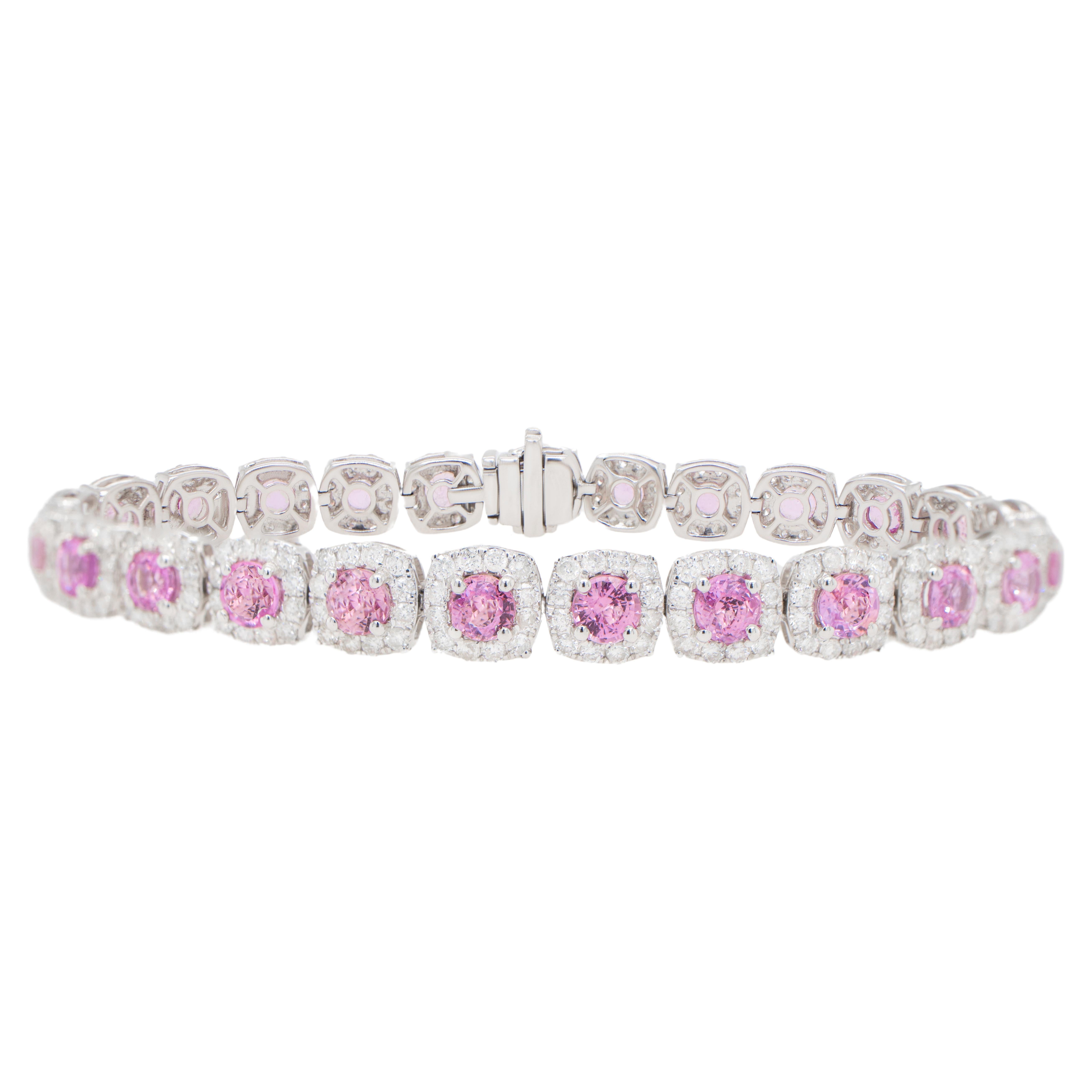 Bracelet en or 18 carats avec saphir rose et halo de diamants de 12 carats