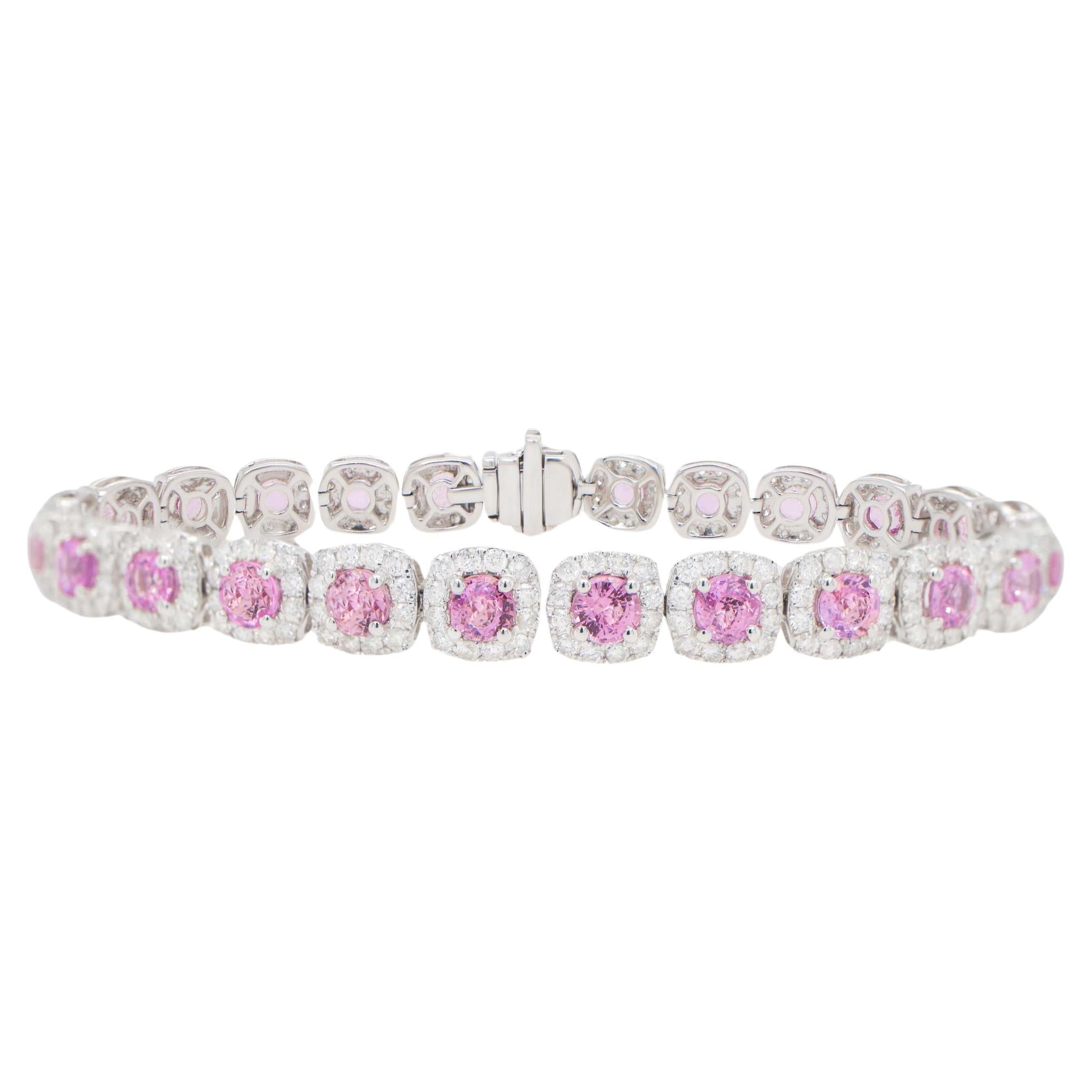 Pink Sapphire Bracelet Diamond Halo 12 Carats 18K Gold For Sale