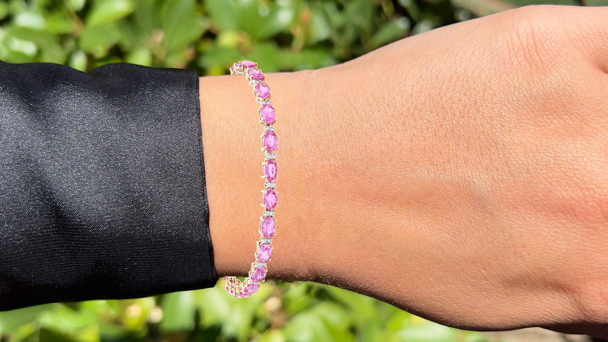 Zafiro Rosa Pulsera Diamantes 14,3 Quilates Oro Amarillo 14K Corte oval en venta