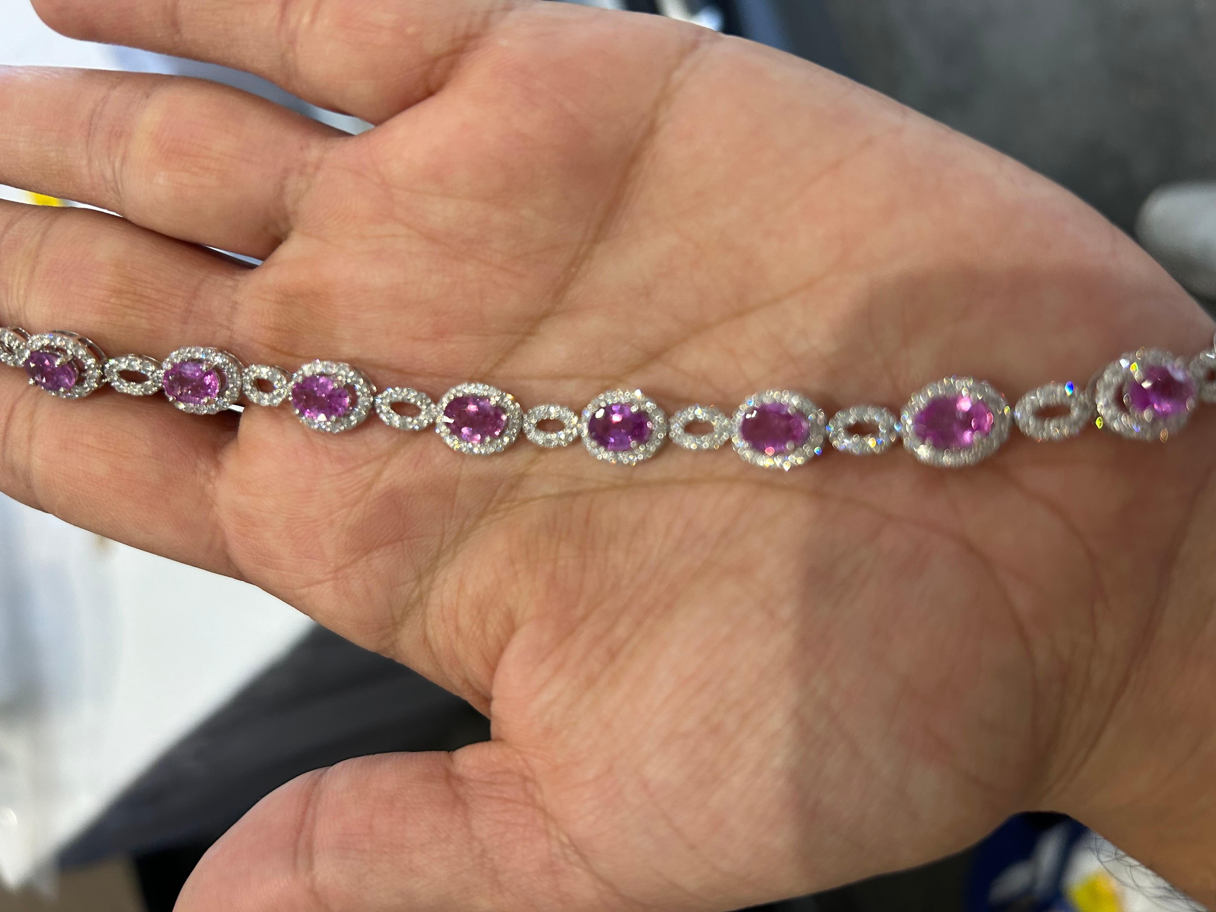 Modern 8.39-carat, oval Pink Sapphire and Diamond bracelet.  For Sale