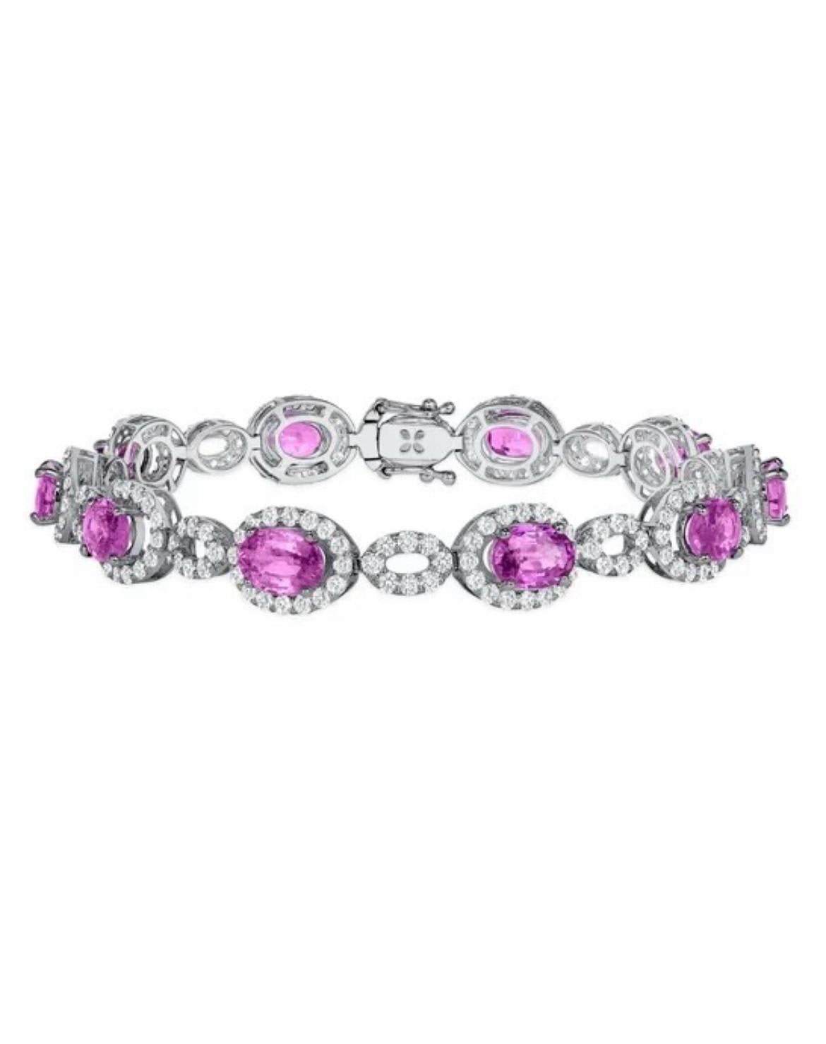 Oval Cut 8.39-carat, oval Pink Sapphire and Diamond bracelet.  For Sale