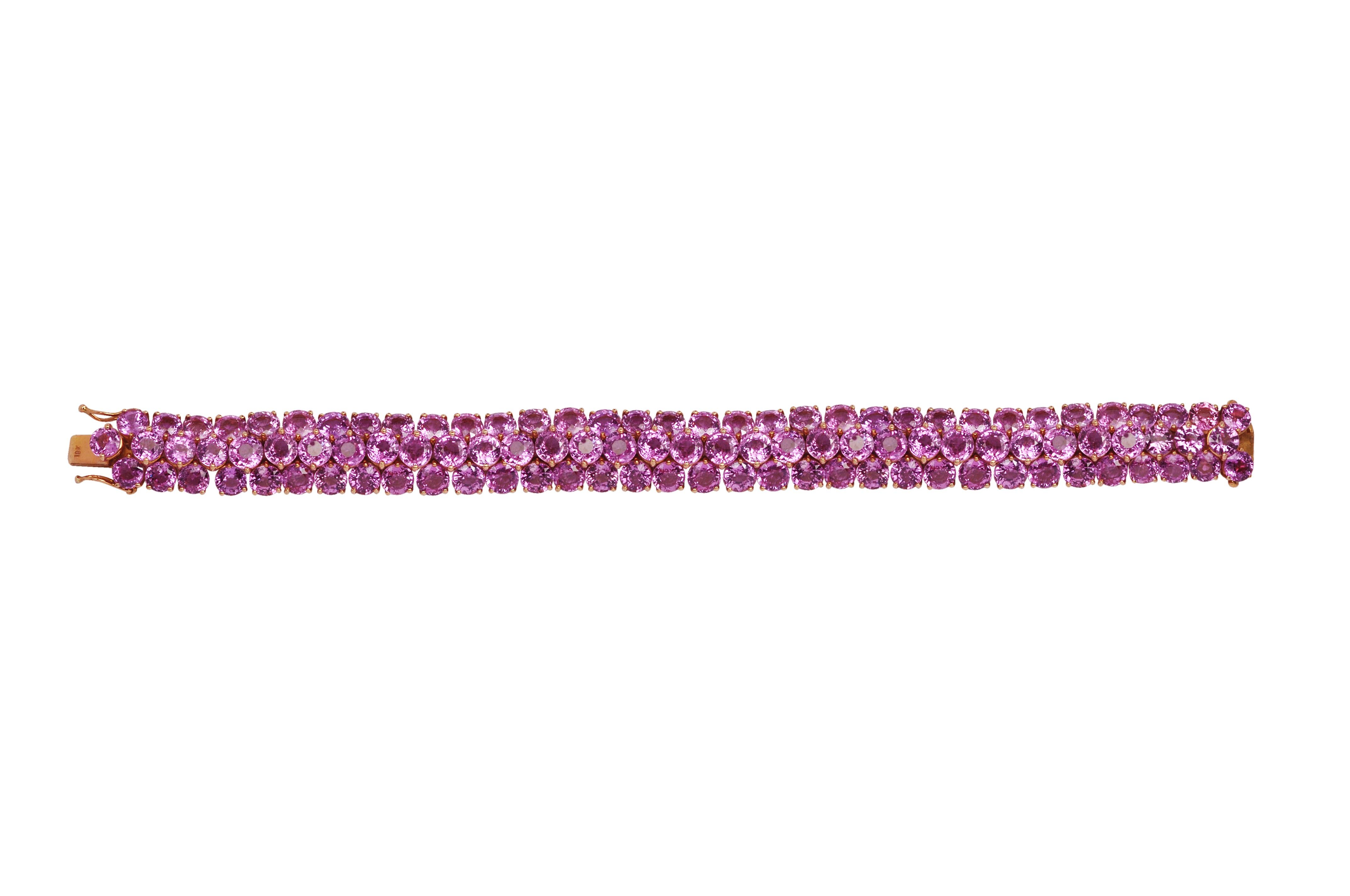 Vibrant Pink Sapphire 77.77 carats Bracelet set in 18 Karat Rose Gold Settings

Width: 1.3 cm
Length: 18.5 cm 
Customizable 


