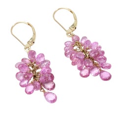 Pink Sapphire Briolette Cluster Earrings in 14 Karat Yellow Gold