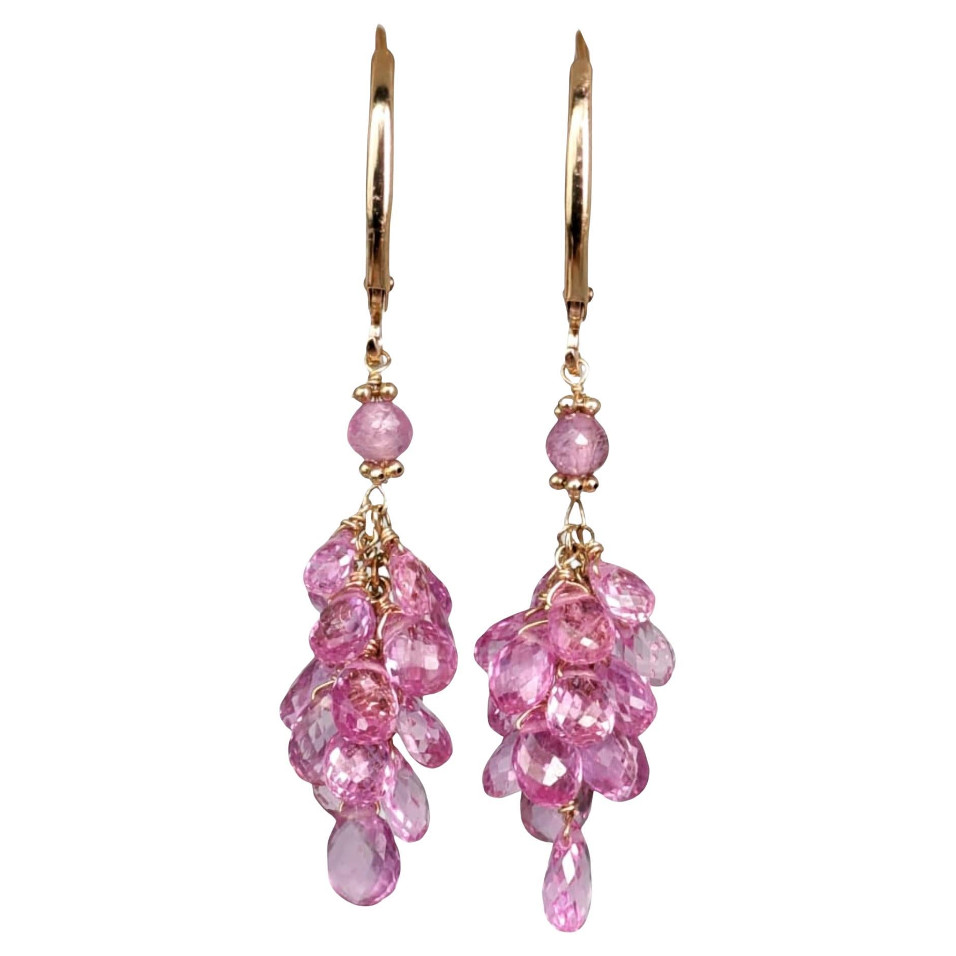 Pink Sapphire Briolette Cluster Earrings in 14 Karat Yellow Gold