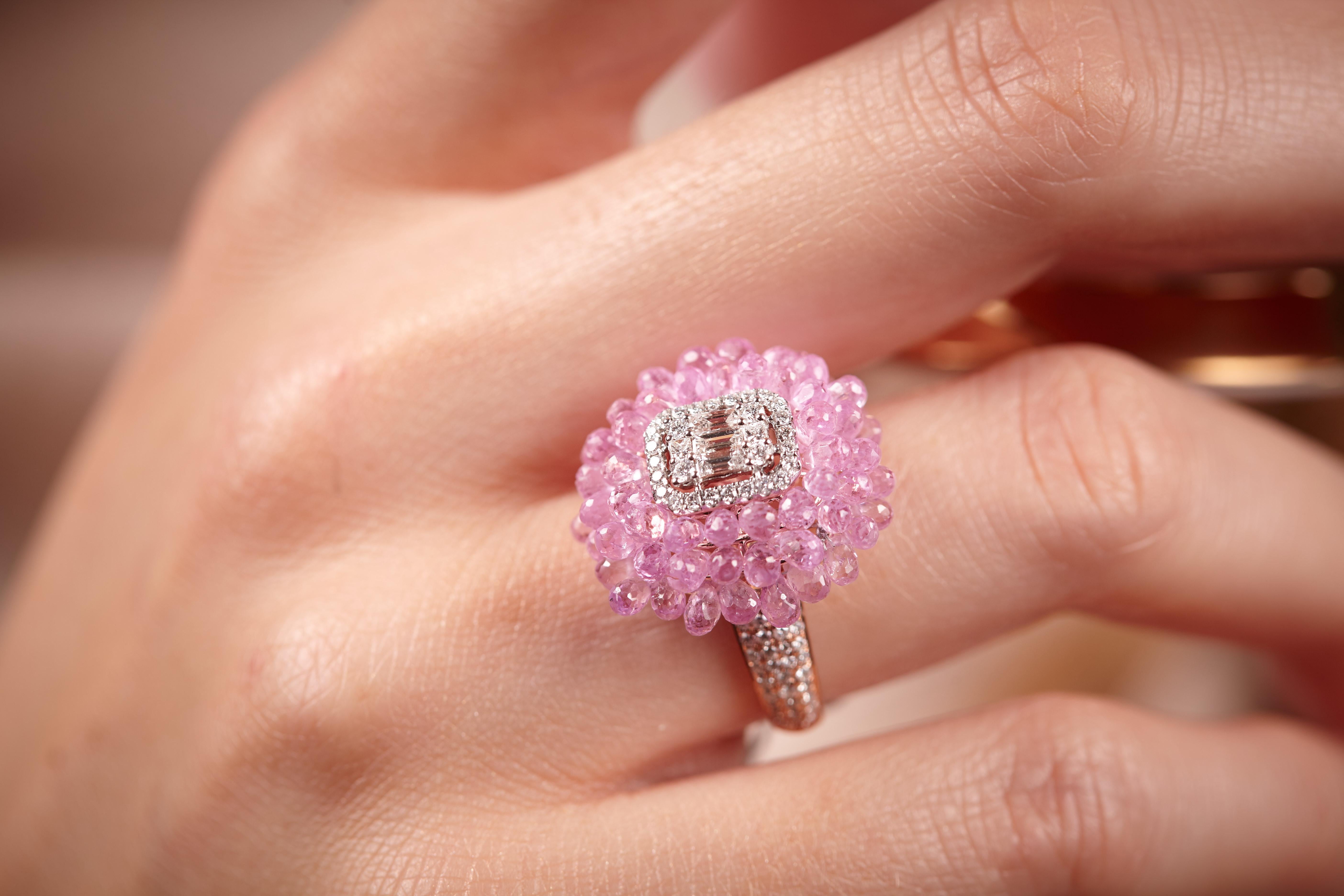 This one of a kind Pink Sapphire Briolettes and Diamond Ballerine Ring in 18K Rose Gold by Barbara Harris Water Jewels is a colourful, versatile and entirely beautiful cocktail ring. 

Wear it everyday or as a special occasion piece. Any time of