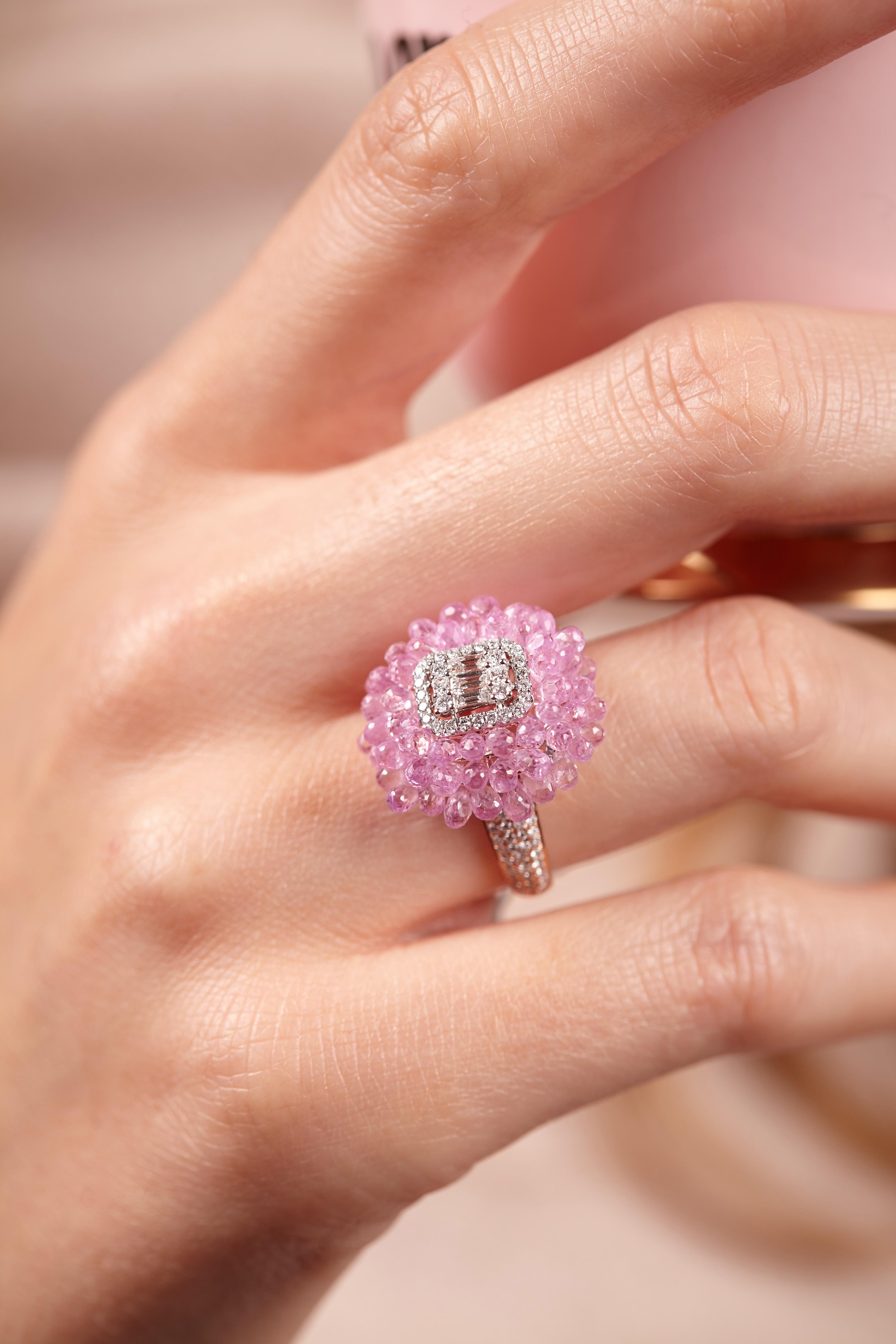 Contemporary Pink Sapphire Briolettes and Diamond 18K Rose Gold Ballerine Ring  For Sale