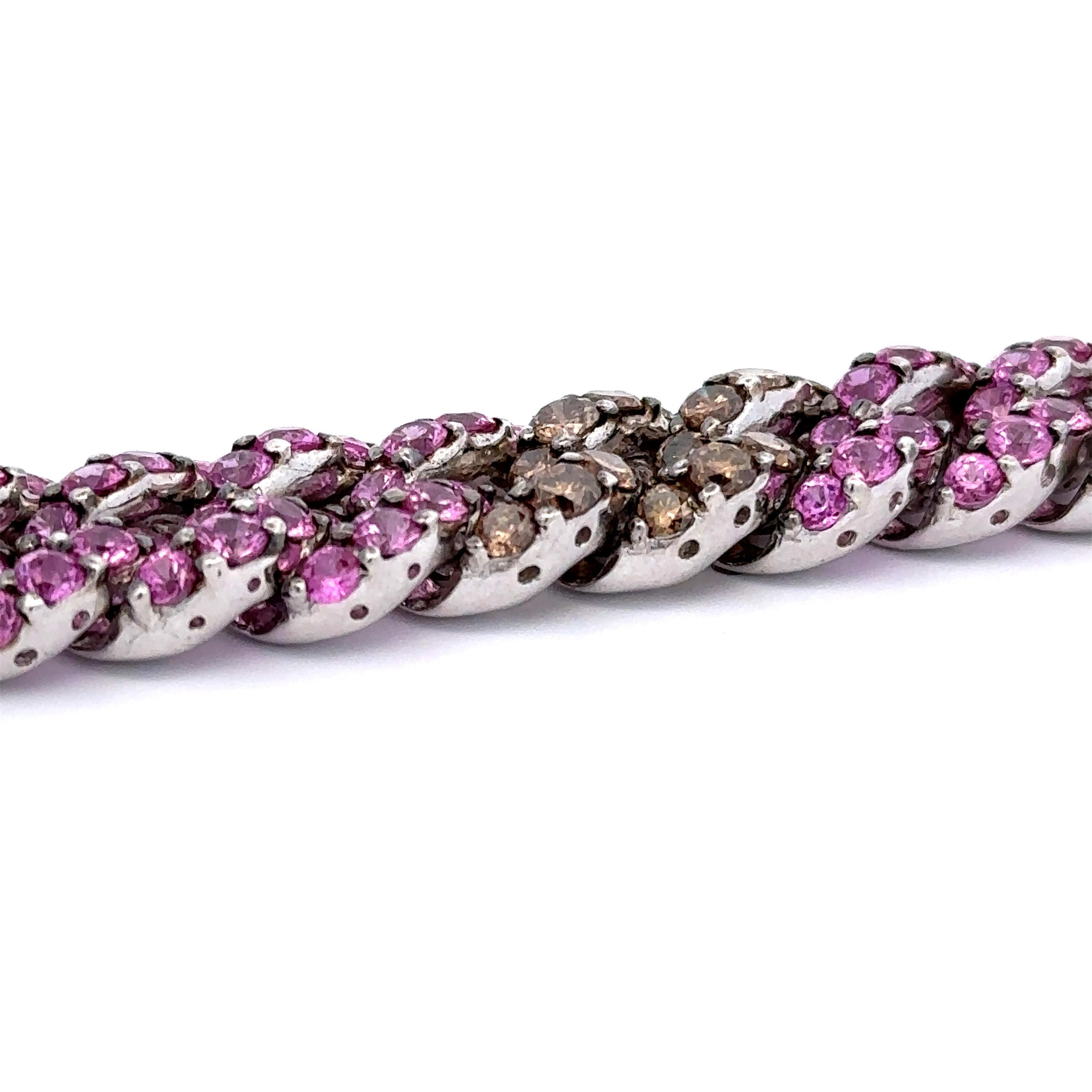 Pink Sapphire & Brown Diamond Curb Link Bracelet in 18 Karat White Gold In New Condition For Sale In Westmount, CA