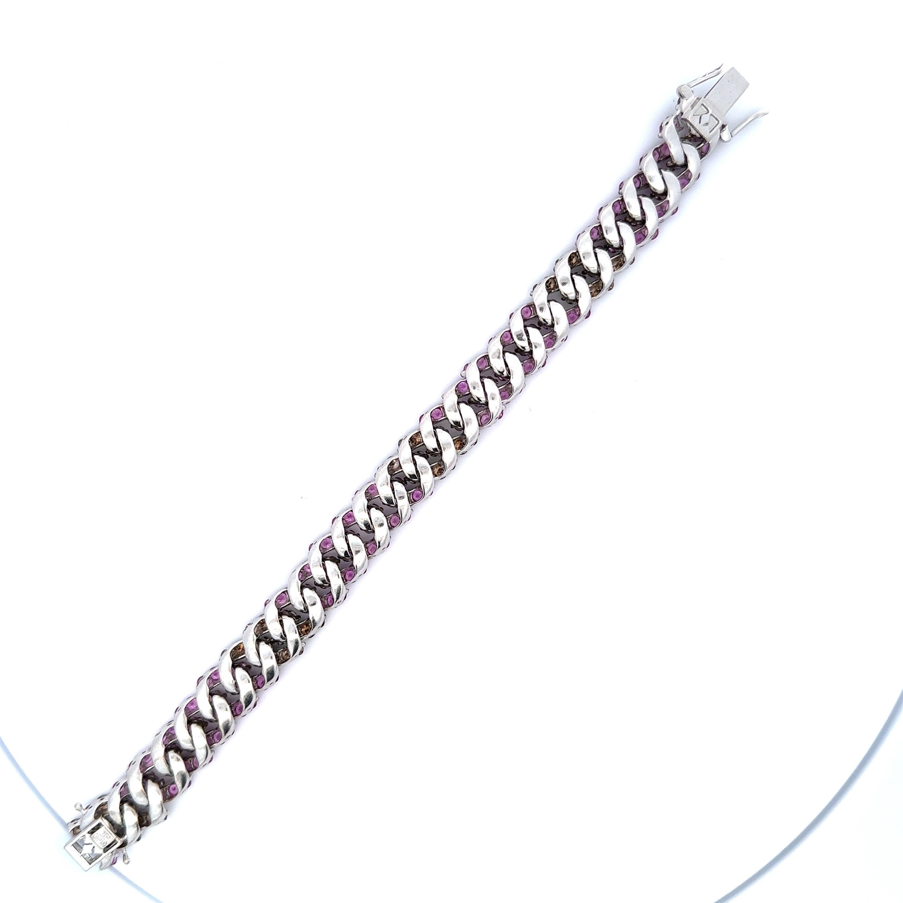 Women's Pink Sapphire & Brown Diamond Curb Link Bracelet in 18 Karat White Gold For Sale