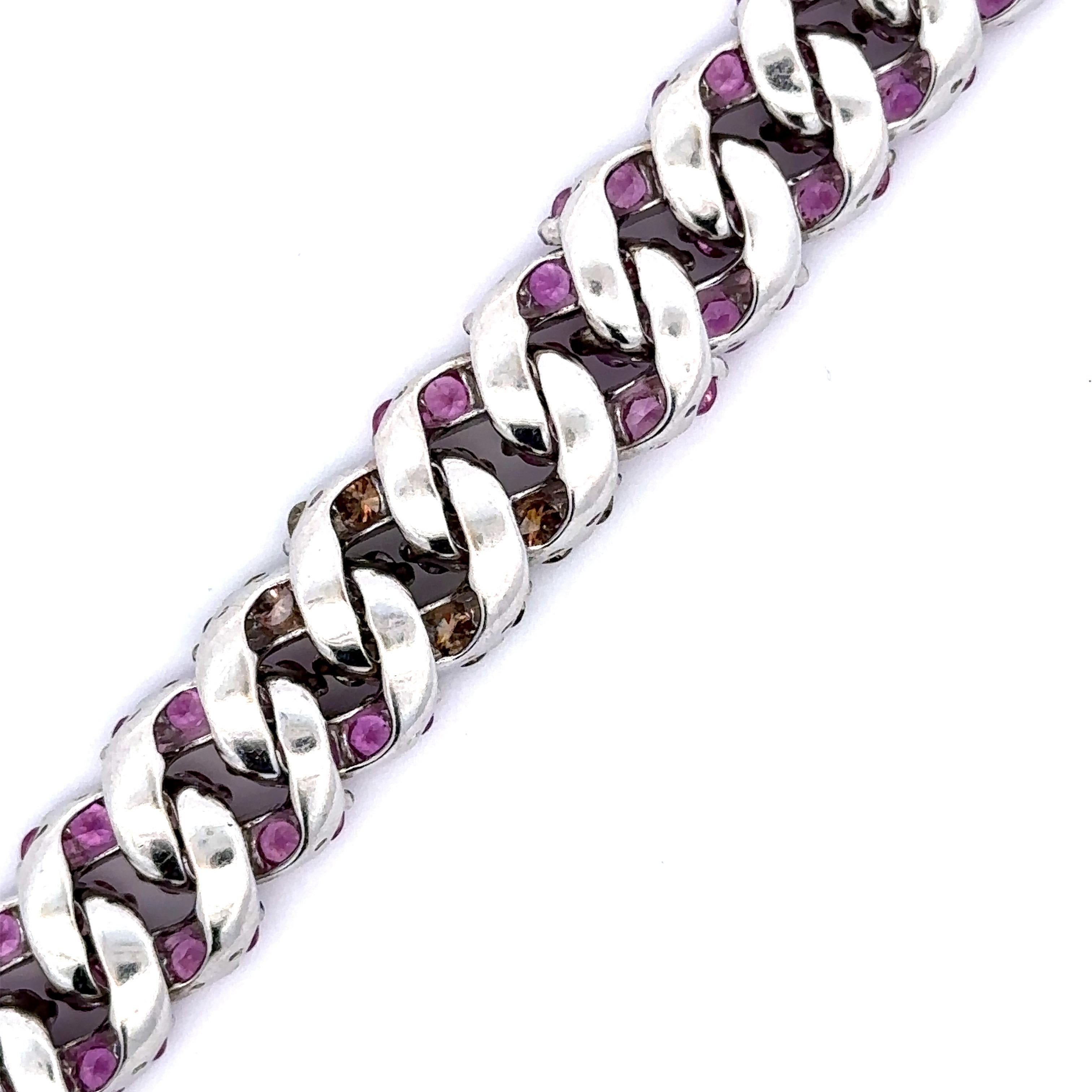 Pink Sapphire & Brown Diamond Curb Link Bracelet in 18 Karat White Gold For Sale 1
