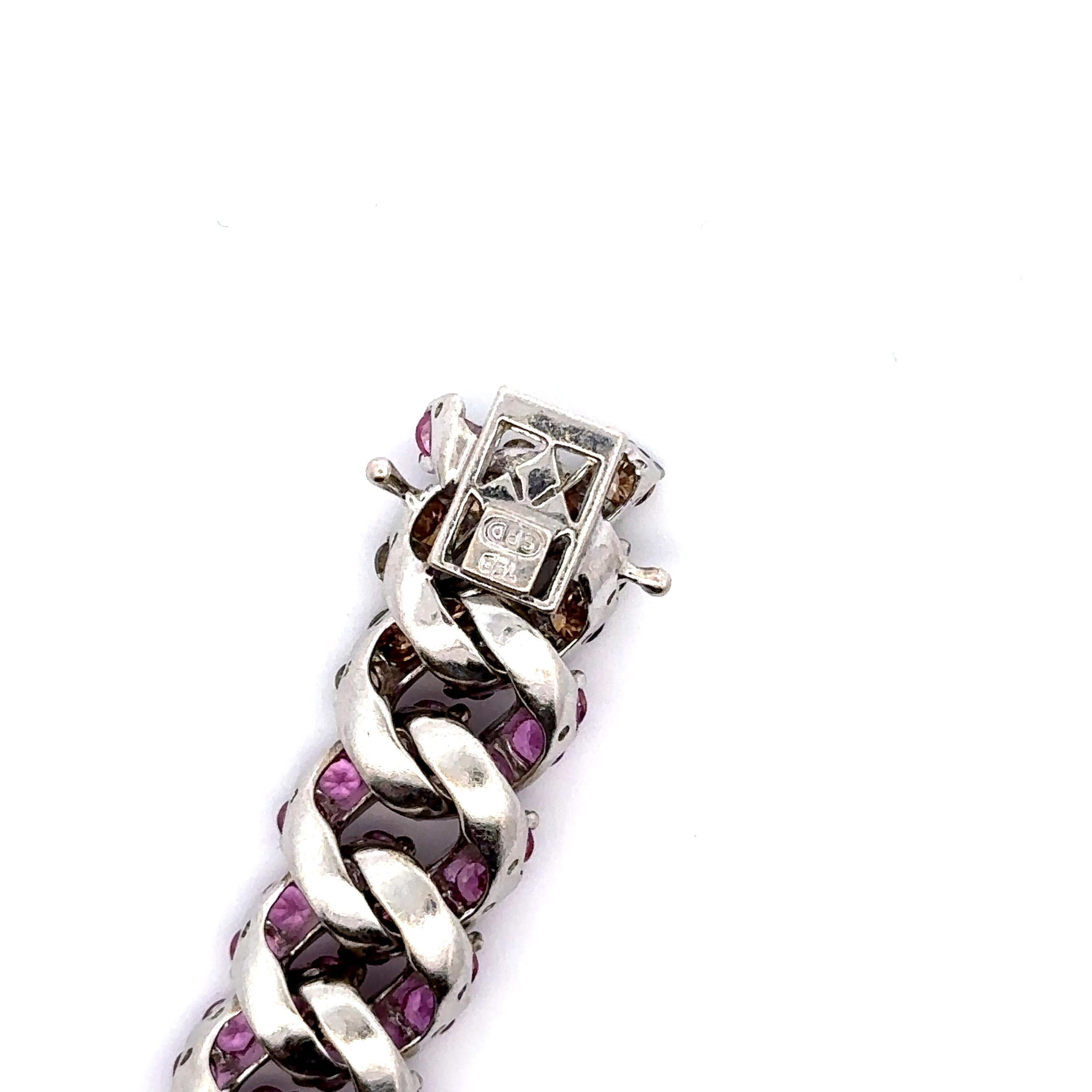 Pink Sapphire & Brown Diamond Curb Link Bracelet in 18 Karat White Gold For Sale 2