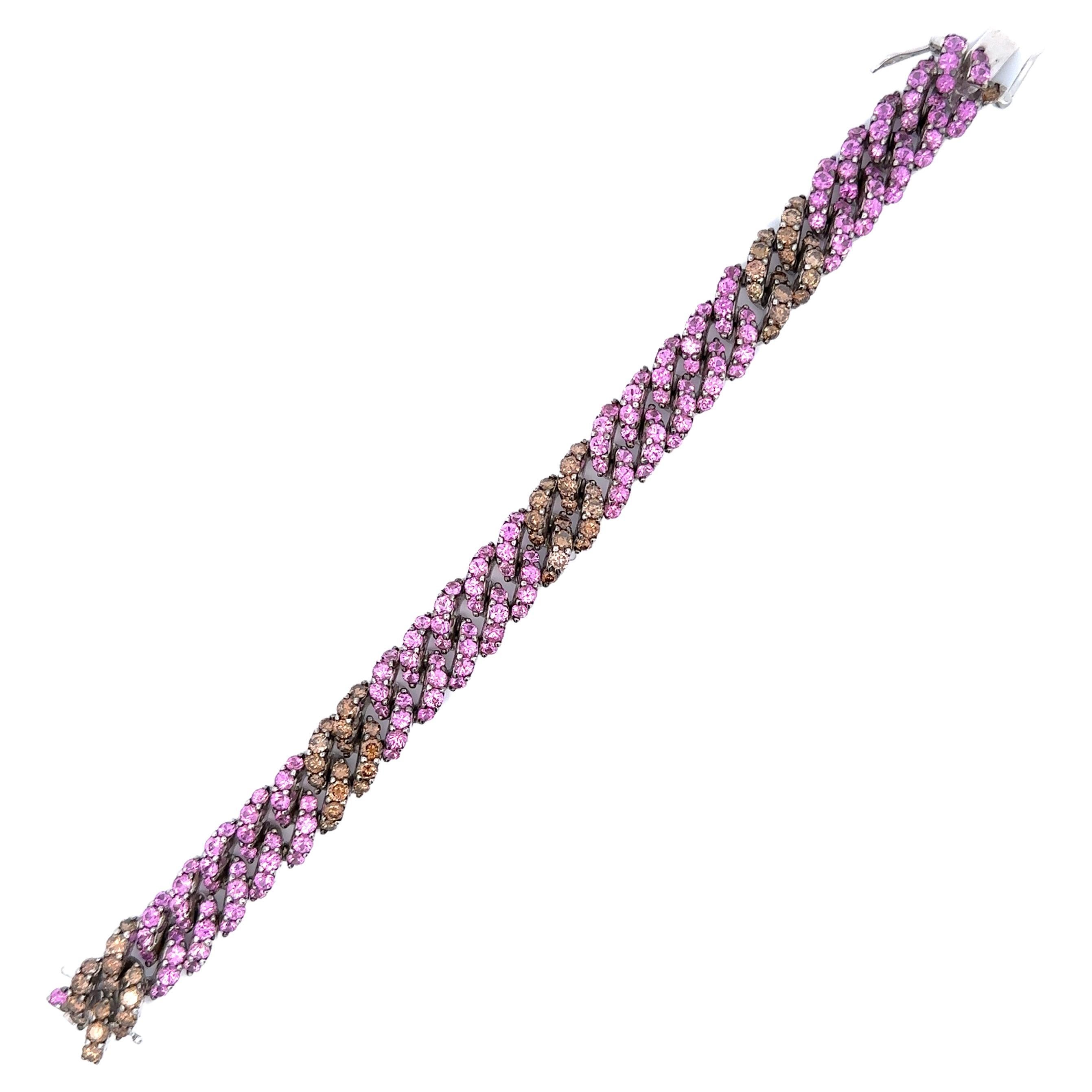 Pink Sapphire & Brown Diamond Curb Link Bracelet in 18 Karat White Gold For Sale