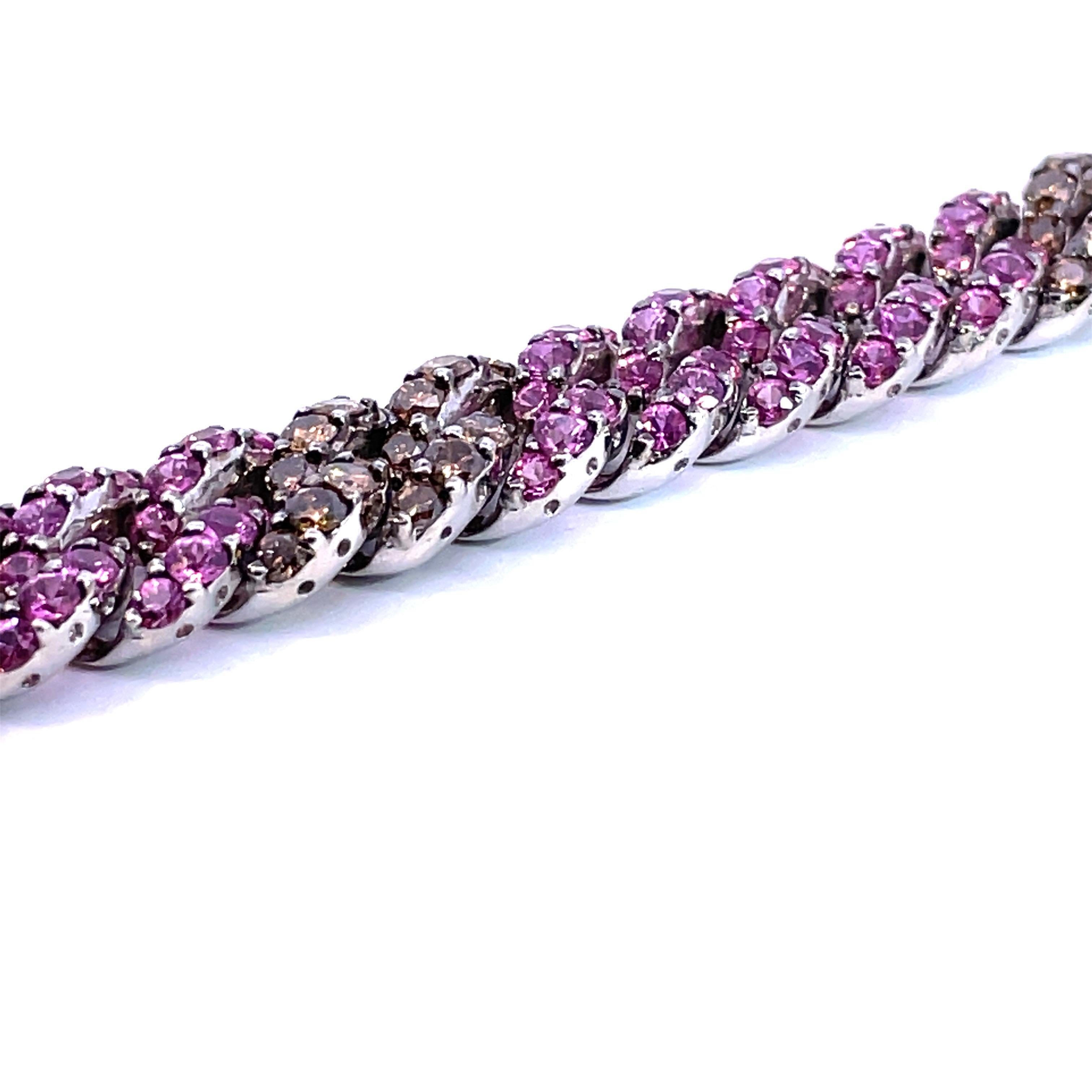 Contemporary Pink Sapphire & Brown Diamond Curb Link Bracelet in 18 Karat White Gold For Sale