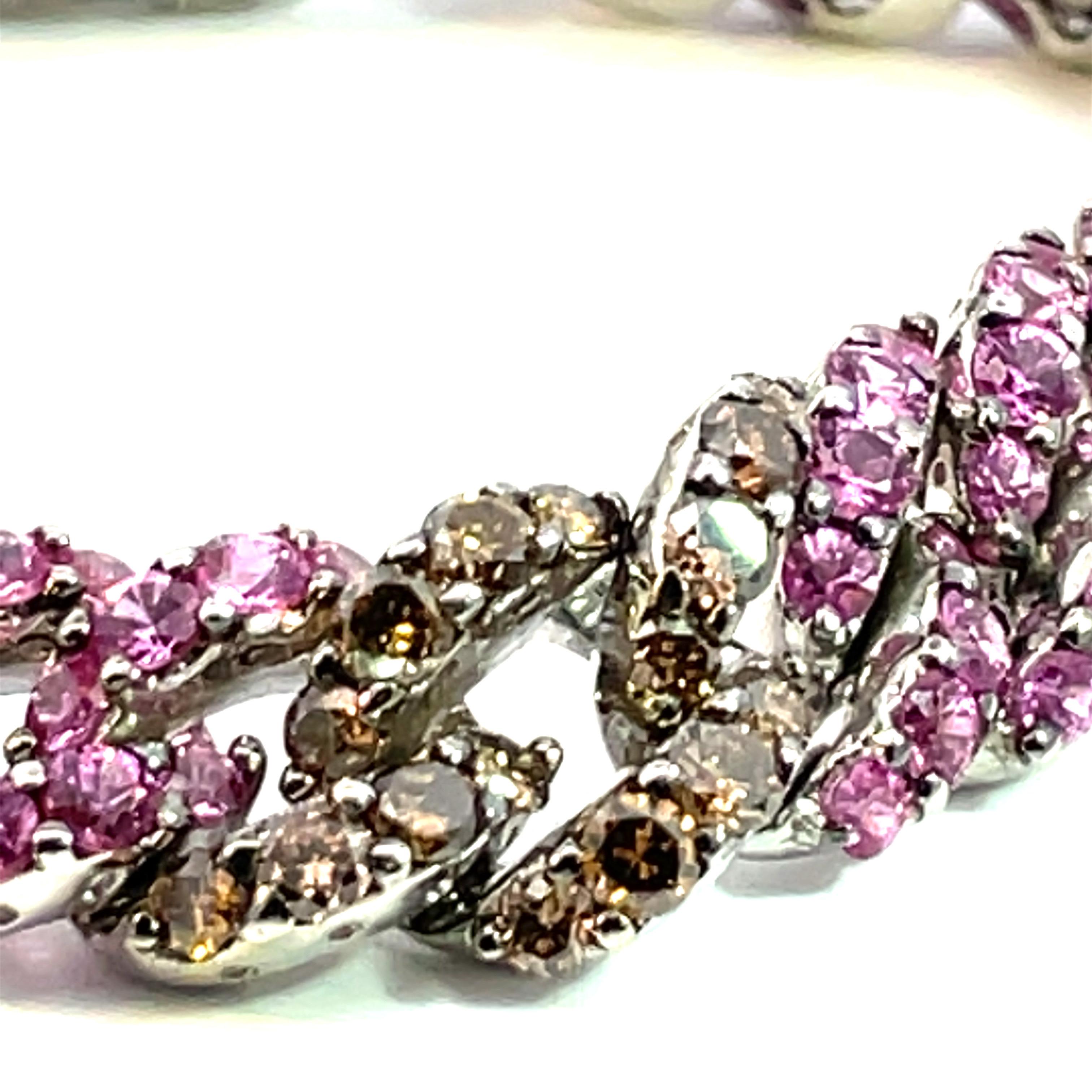 Round Cut Pink Sapphire & Brown Diamond Curb Link Bracelet in 18 Karat White Gold For Sale