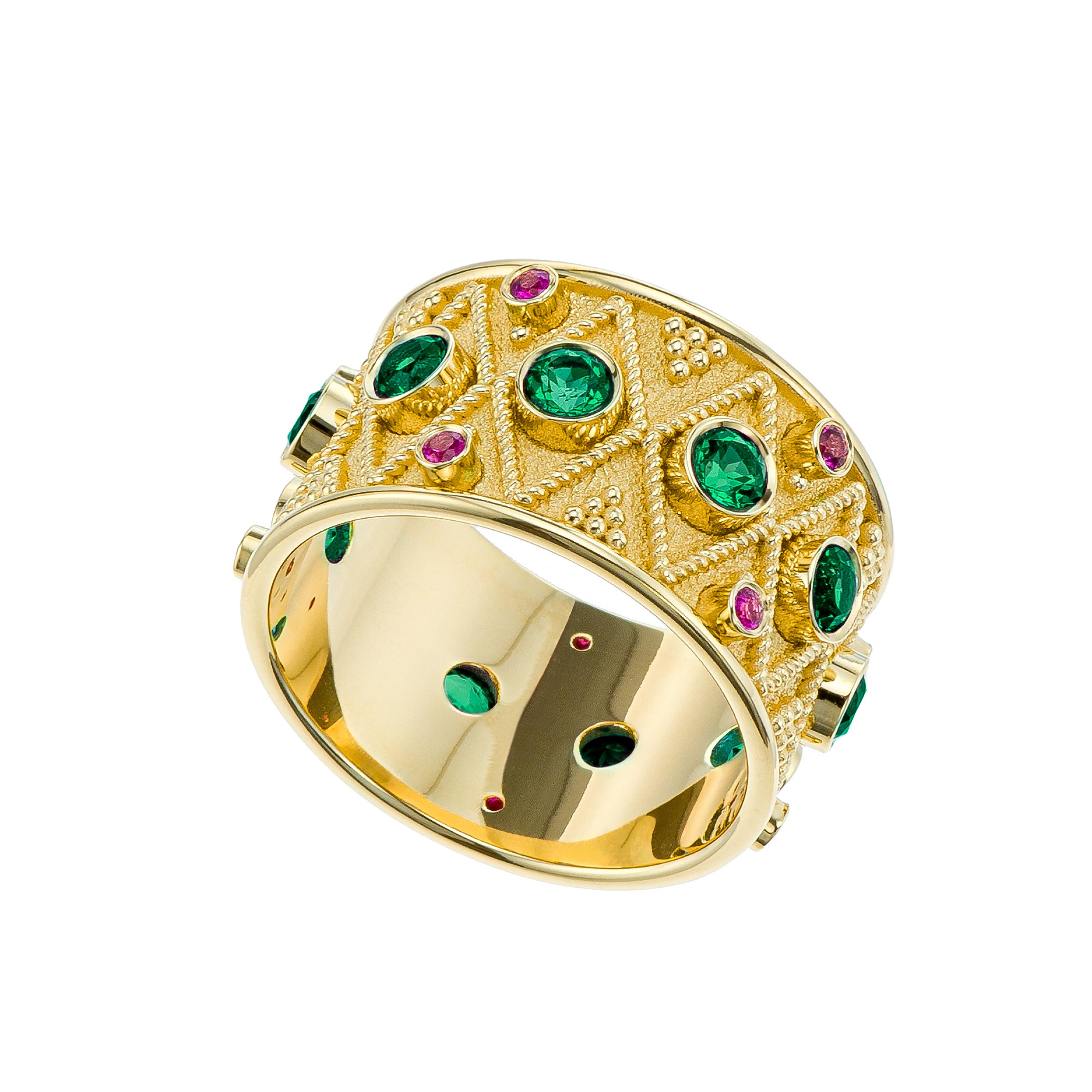 Round Cut Pink Sapphire Byzantine Gold Ring with Emeralds For Sale