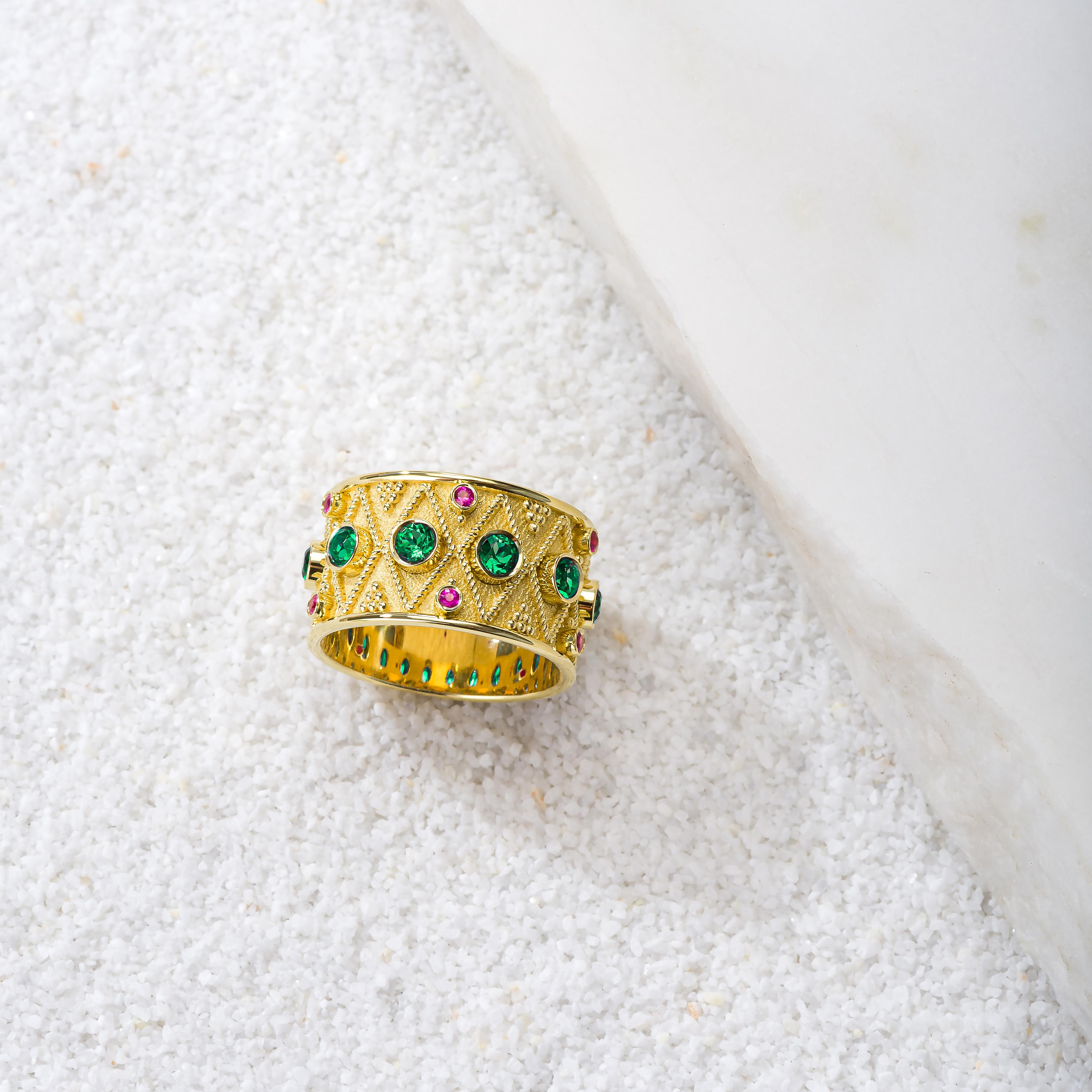 Pink Sapphire Byzantine Gold Ring with Emeralds In New Condition For Sale In Athens, GR