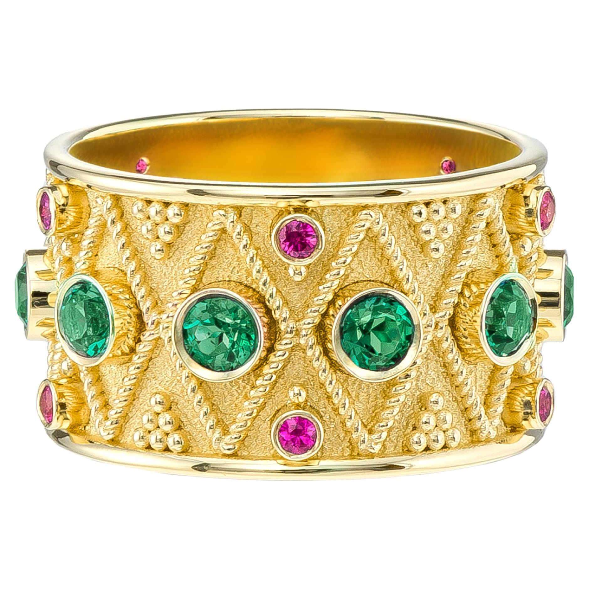 Pink Sapphire Byzantine Gold Ring with Emeralds