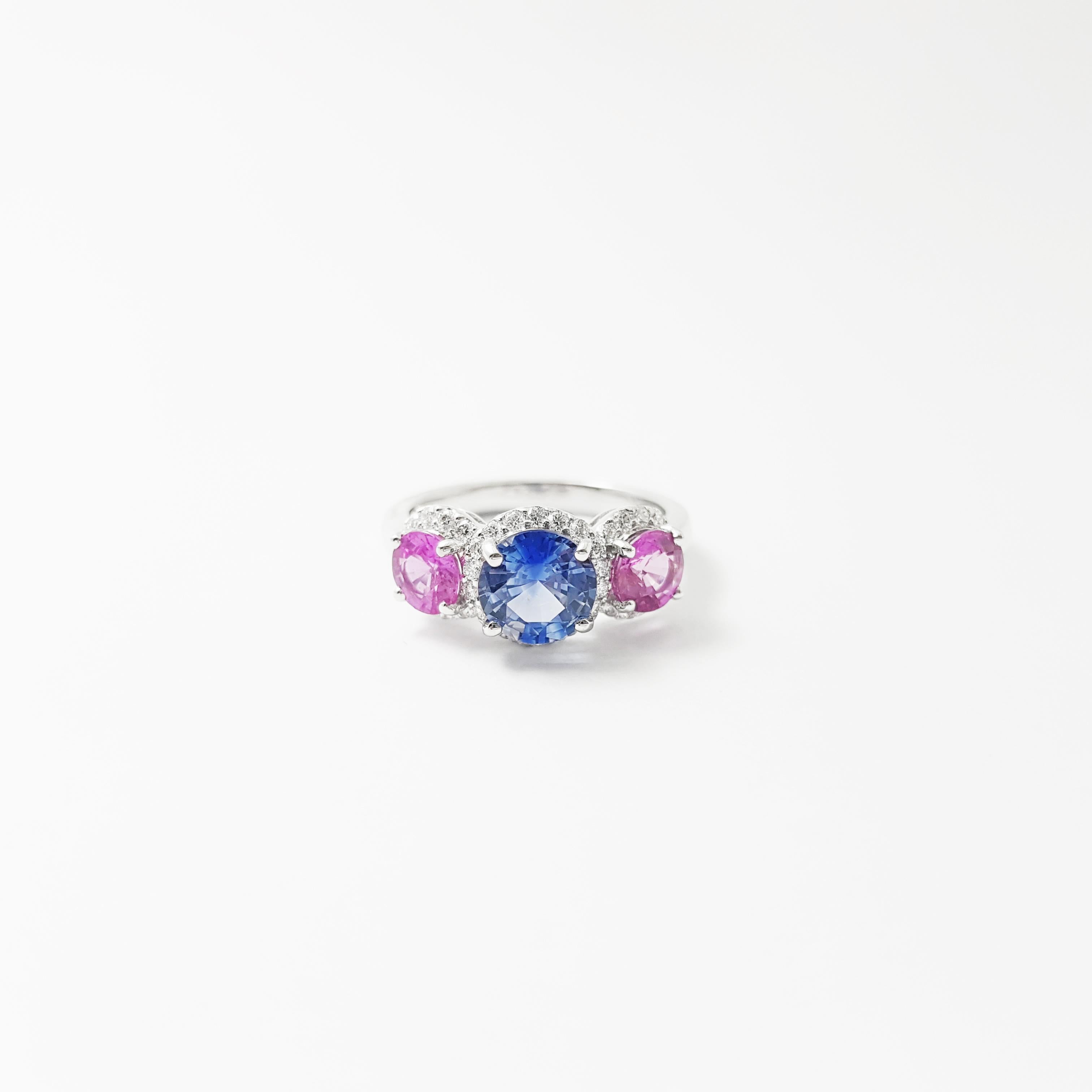 Pinker Saphir, blauer Ceylon-Saphir und Diamantring, gefasst in 18 Karat Weißgold im Angebot 5