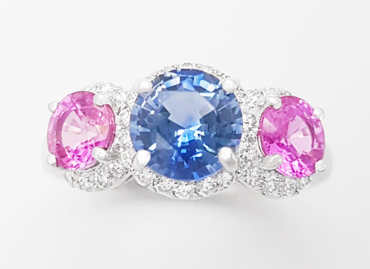 Pinker Saphir, blauer Ceylon-Saphir und Diamantring, gefasst in 18 Karat Weißgold im Angebot 3