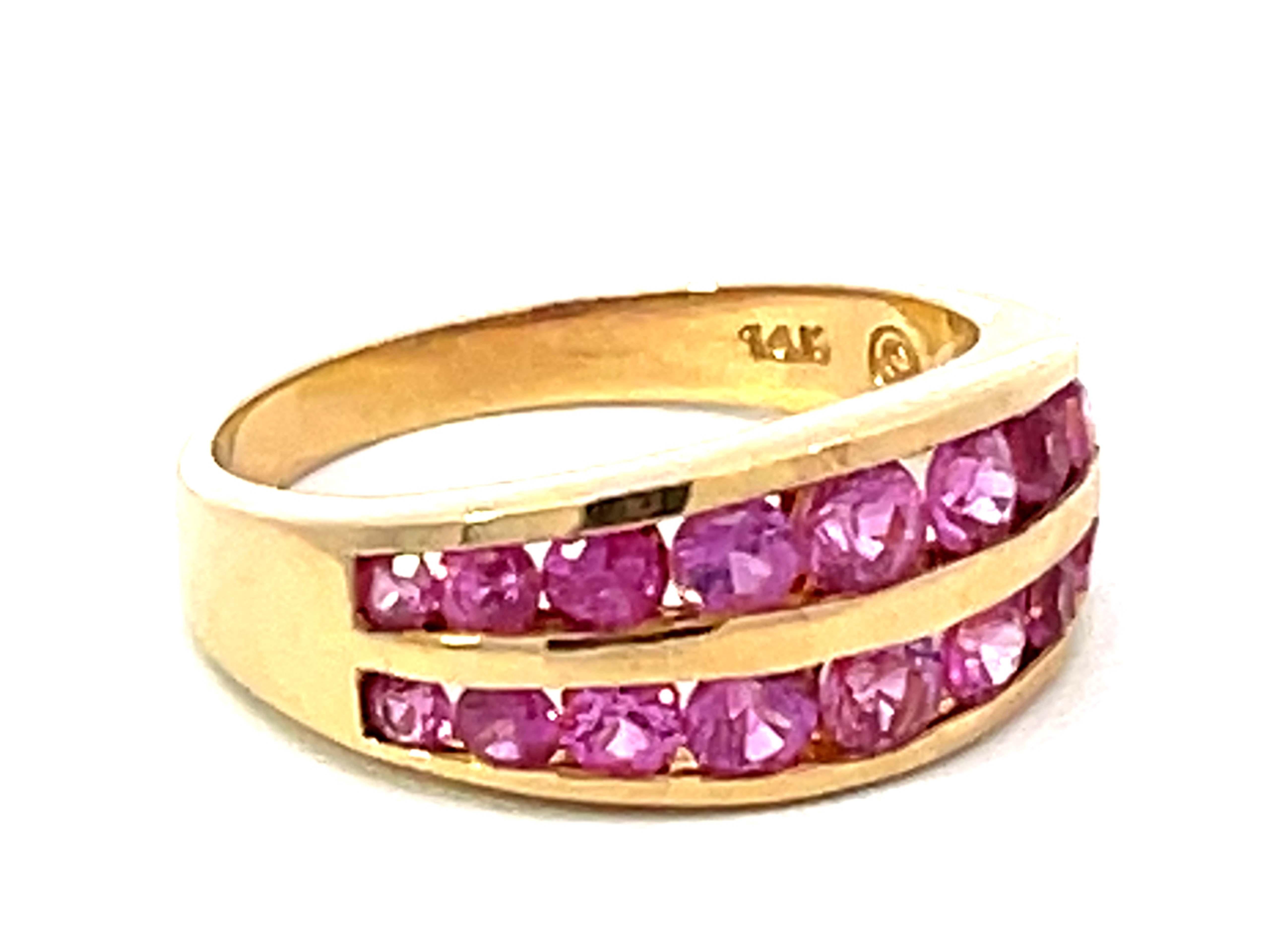 Modern Pink Sapphire Channel Set 14k Yellow Gold Ring For Sale