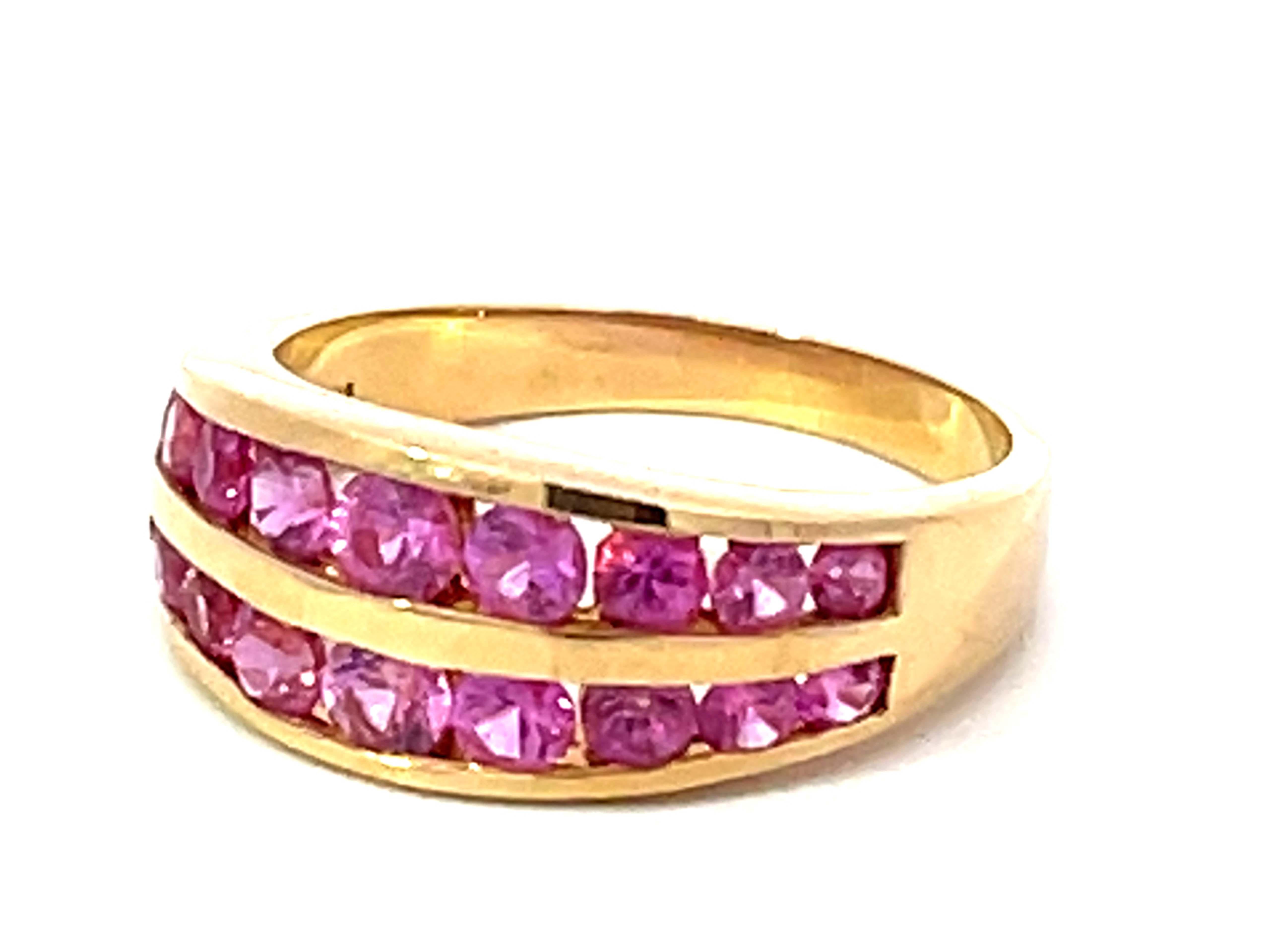 Brilliant Cut Pink Sapphire Channel Set 14k Yellow Gold Ring For Sale
