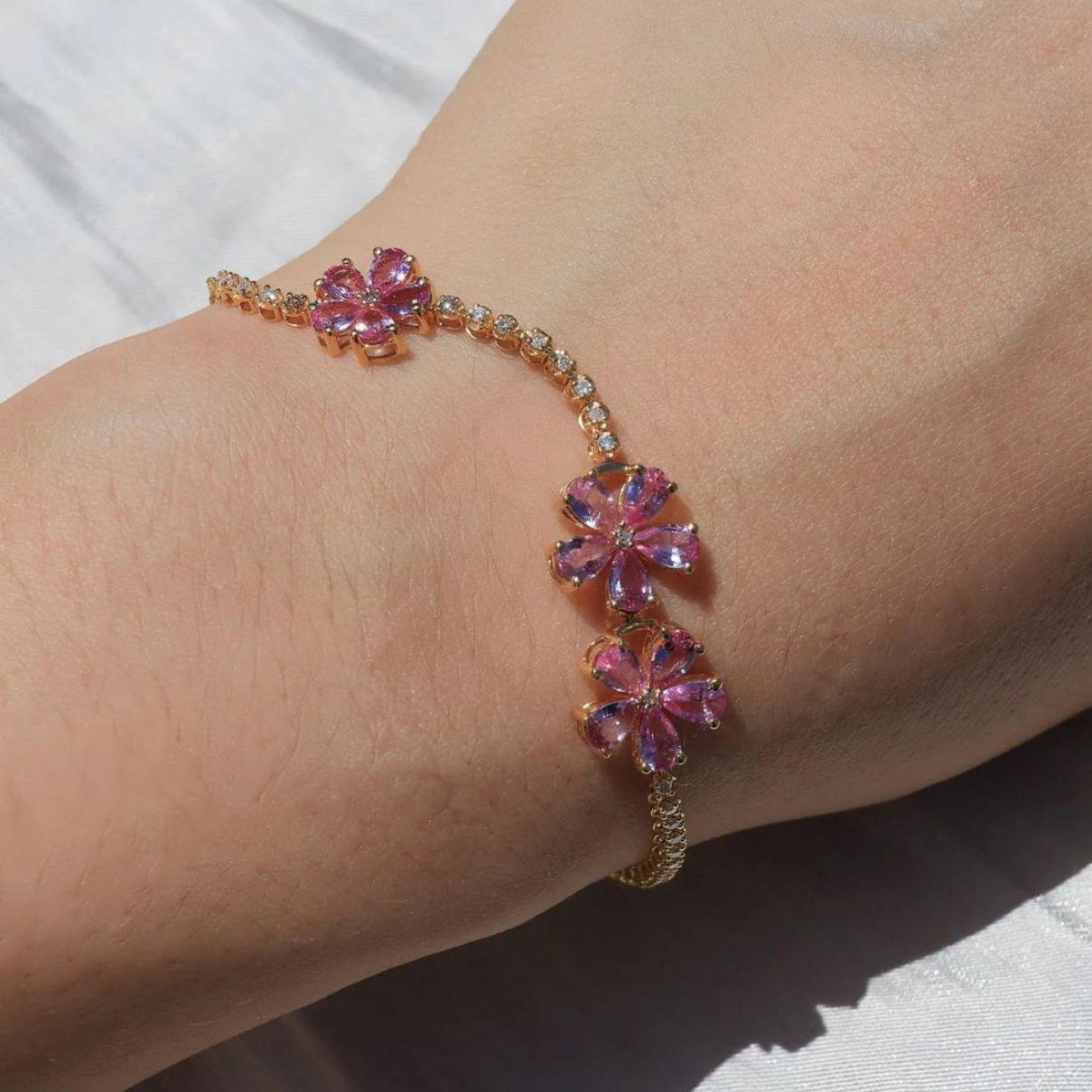 Modern Pink Sapphire Cherry Blossom Diamond Tennis Bracelet in 18k Yellow Gold For Sale