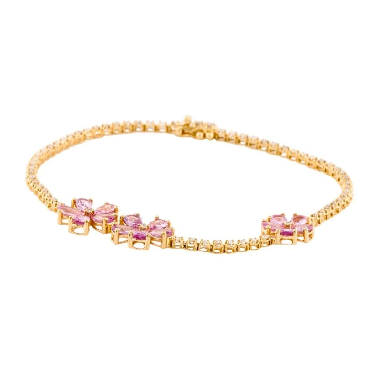 Pear Cut Pink Sapphire Cherry Blossom Diamond Tennis Bracelet in 18k Yellow Gold For Sale
