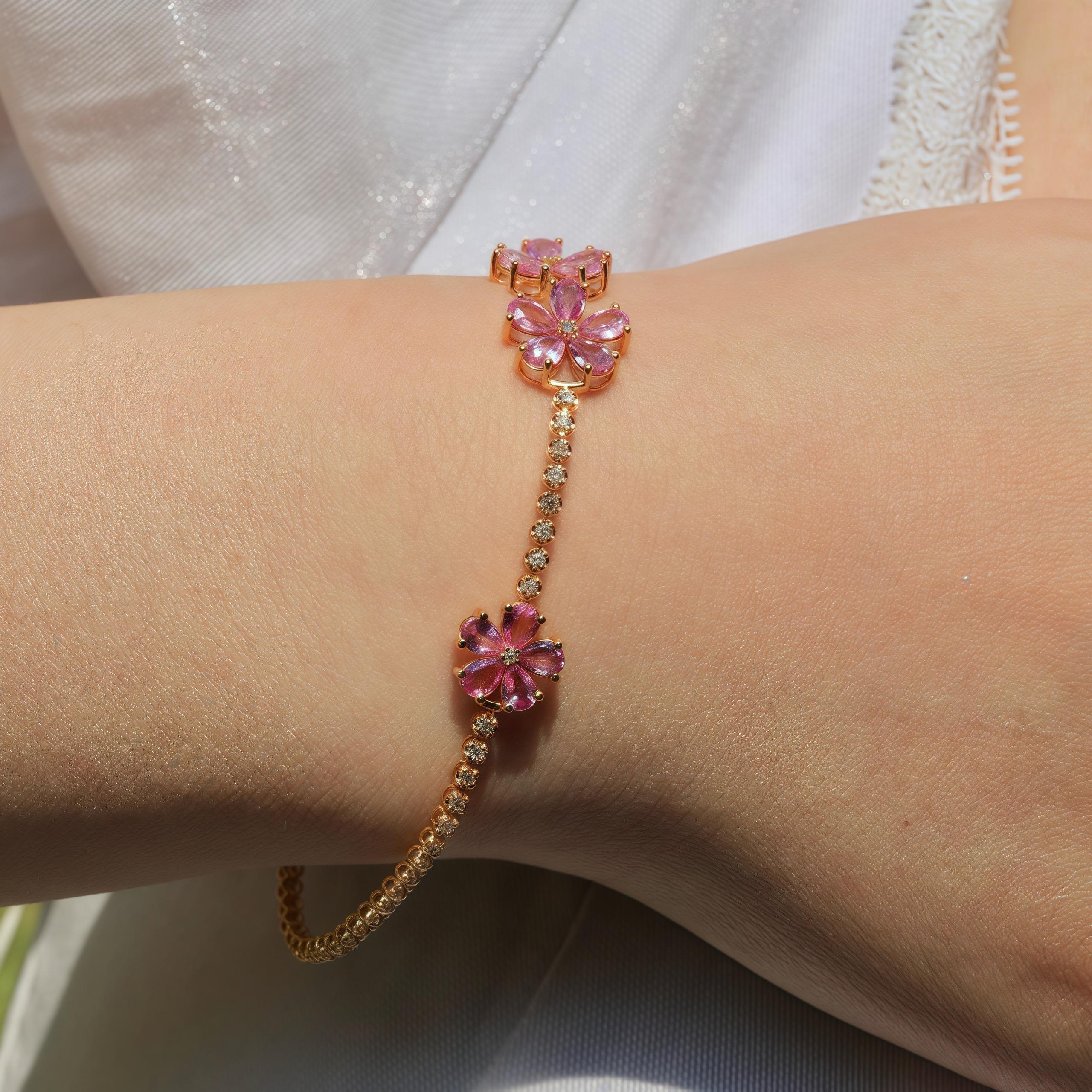 Pink Sapphire Cherry Blossom Diamond Tennis Bracelet in 18k Yellow Gold For Sale 2
