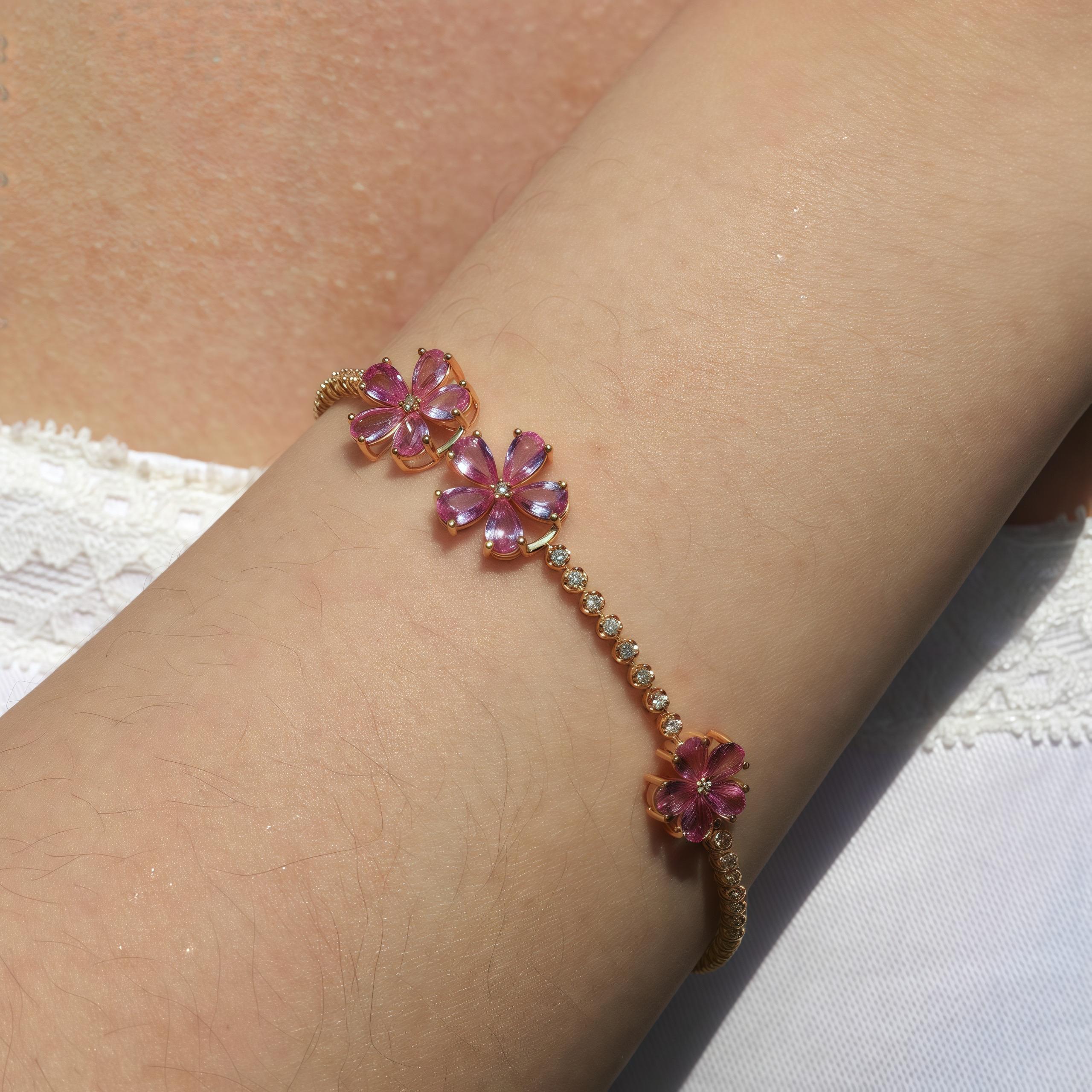 Pink Sapphire Cherry Blossom Diamond Tennis Bracelet in 18k Yellow Gold For Sale 3