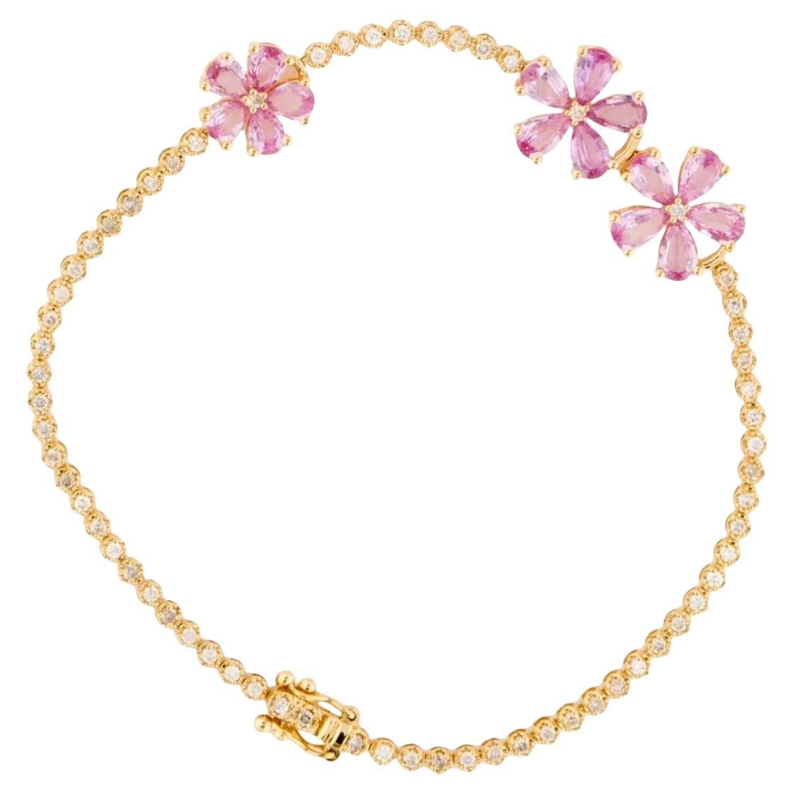 Pink Sapphire Cherry Blossom Diamond Tennis Bracelet in 18k Yellow Gold For Sale