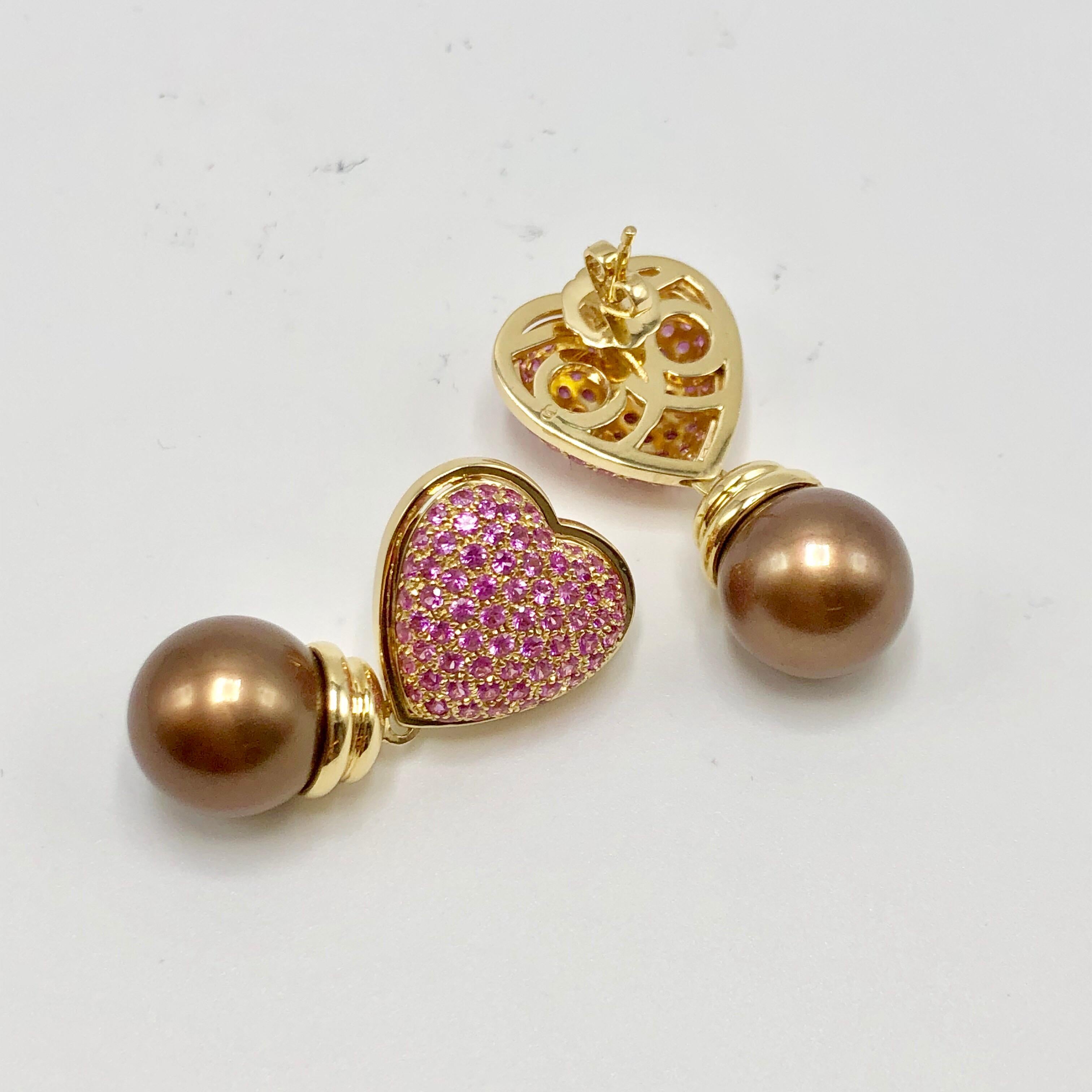 Modern Pink Sapphire Chocolate Tahitian Pearl Yellow Gold Drop Earrings