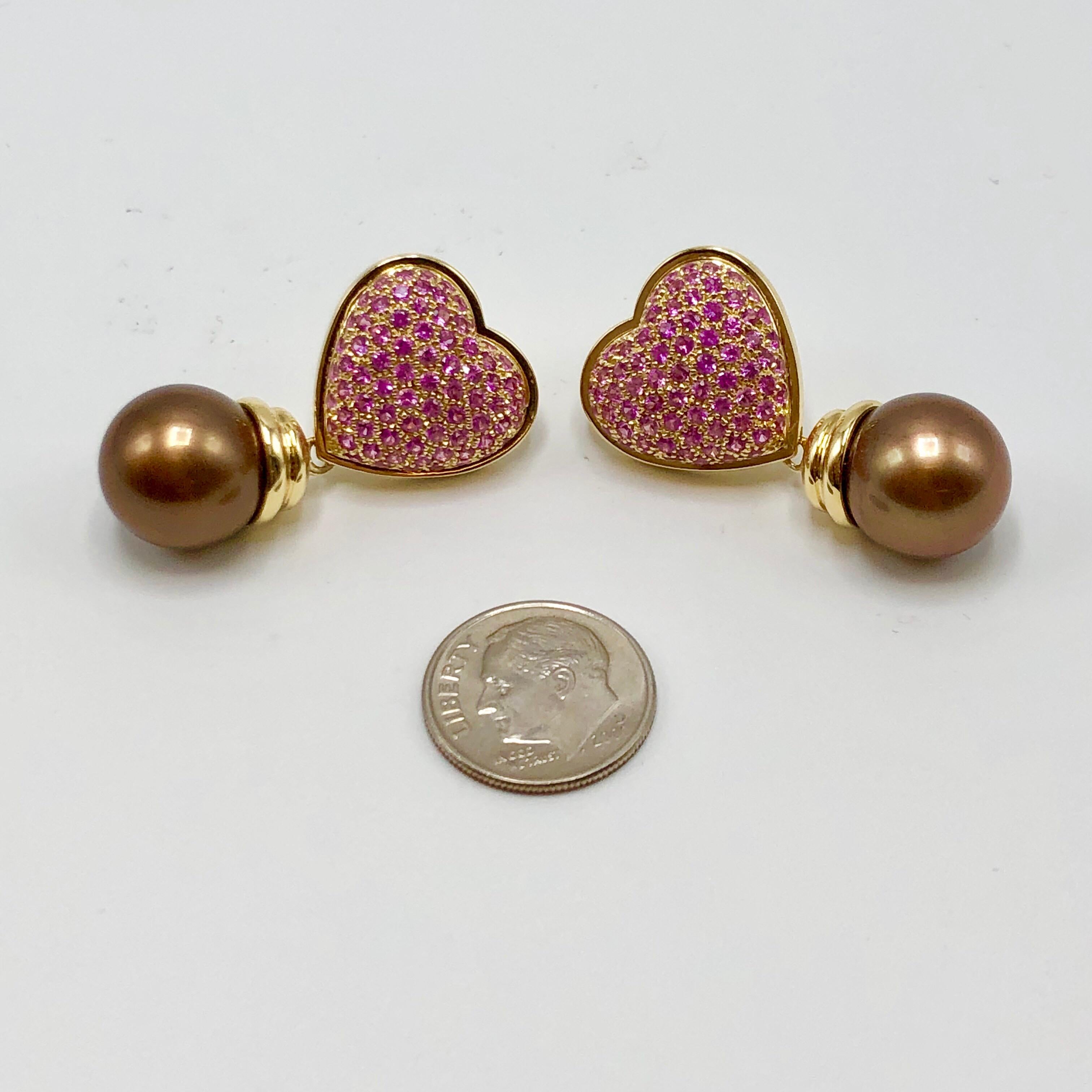Women's Pink Sapphire Chocolate Tahitian Pearl Yellow Gold Drop Earrings