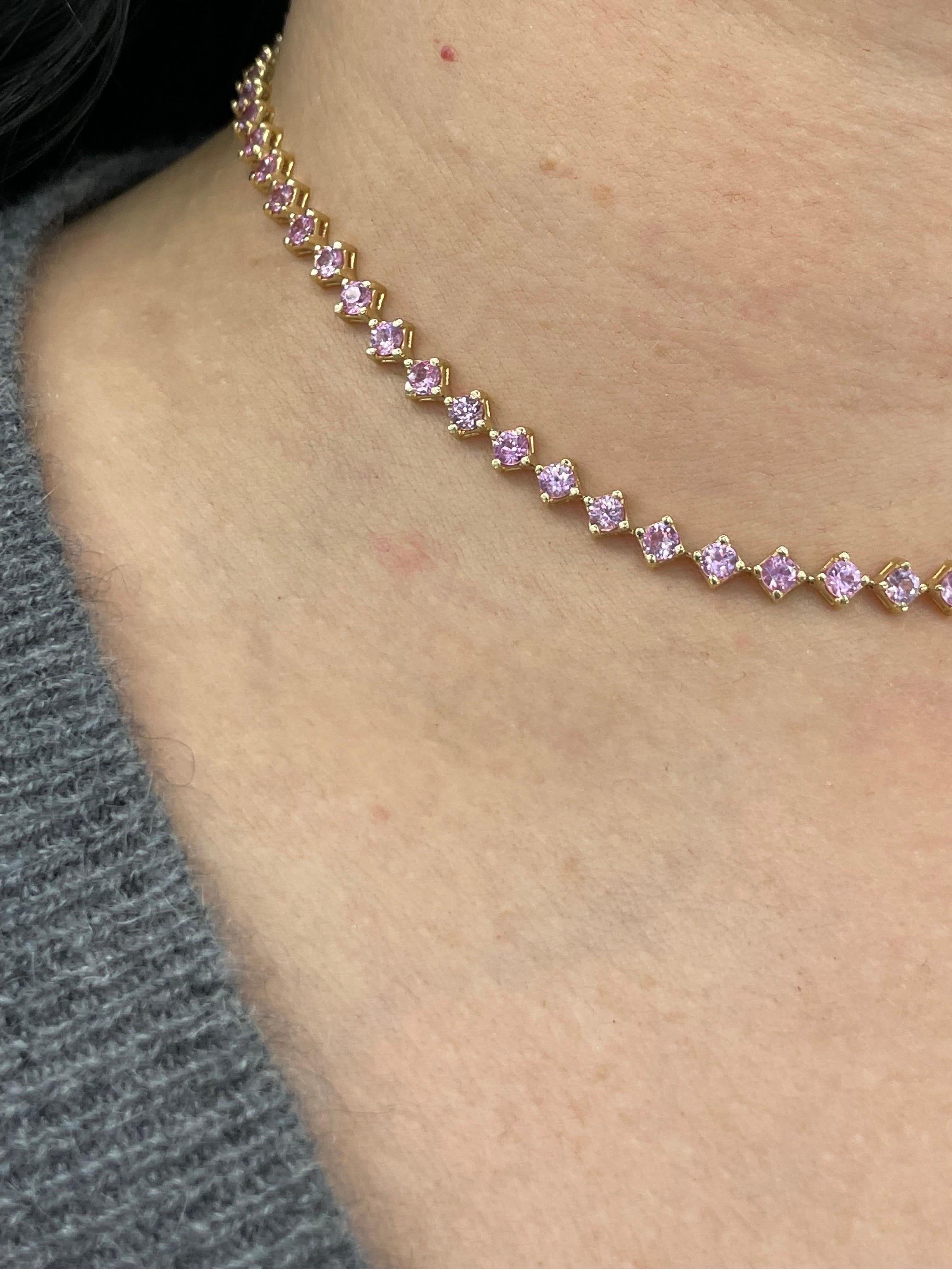 Pink Sapphire Choker Necklace & Bracelet 5.61 Carats 14k Yellow Gold Adjustable 1