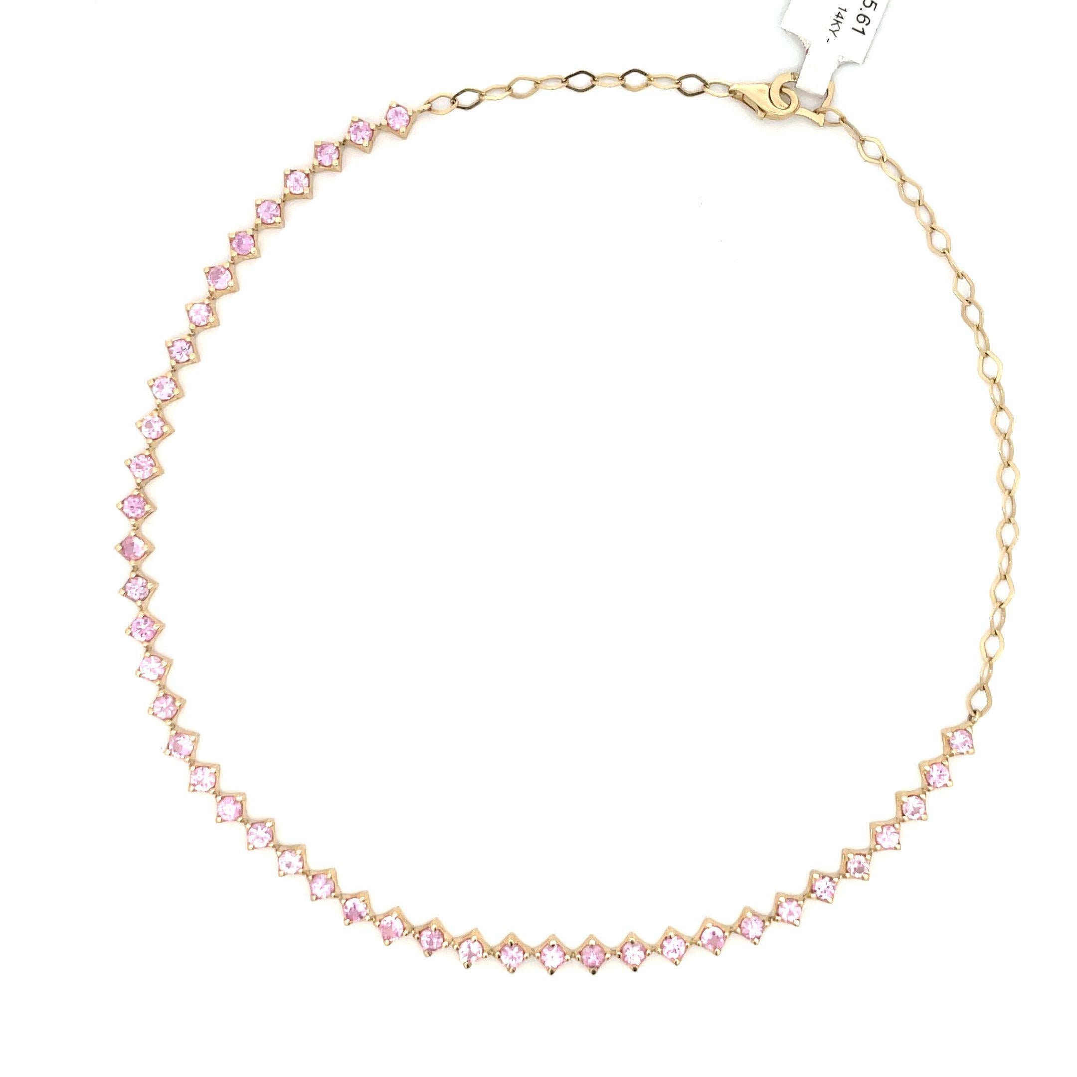 14 Karat Yellow gold choker necklace featuring 44 Pink Sapphire weighing 5.61 Carats. 
Can be worn as a bracelet wrapped twice.

Available in Blue Sapphire & Diamonds
Smaller versions available.
Can add extra links, contact us to discuss

DM for