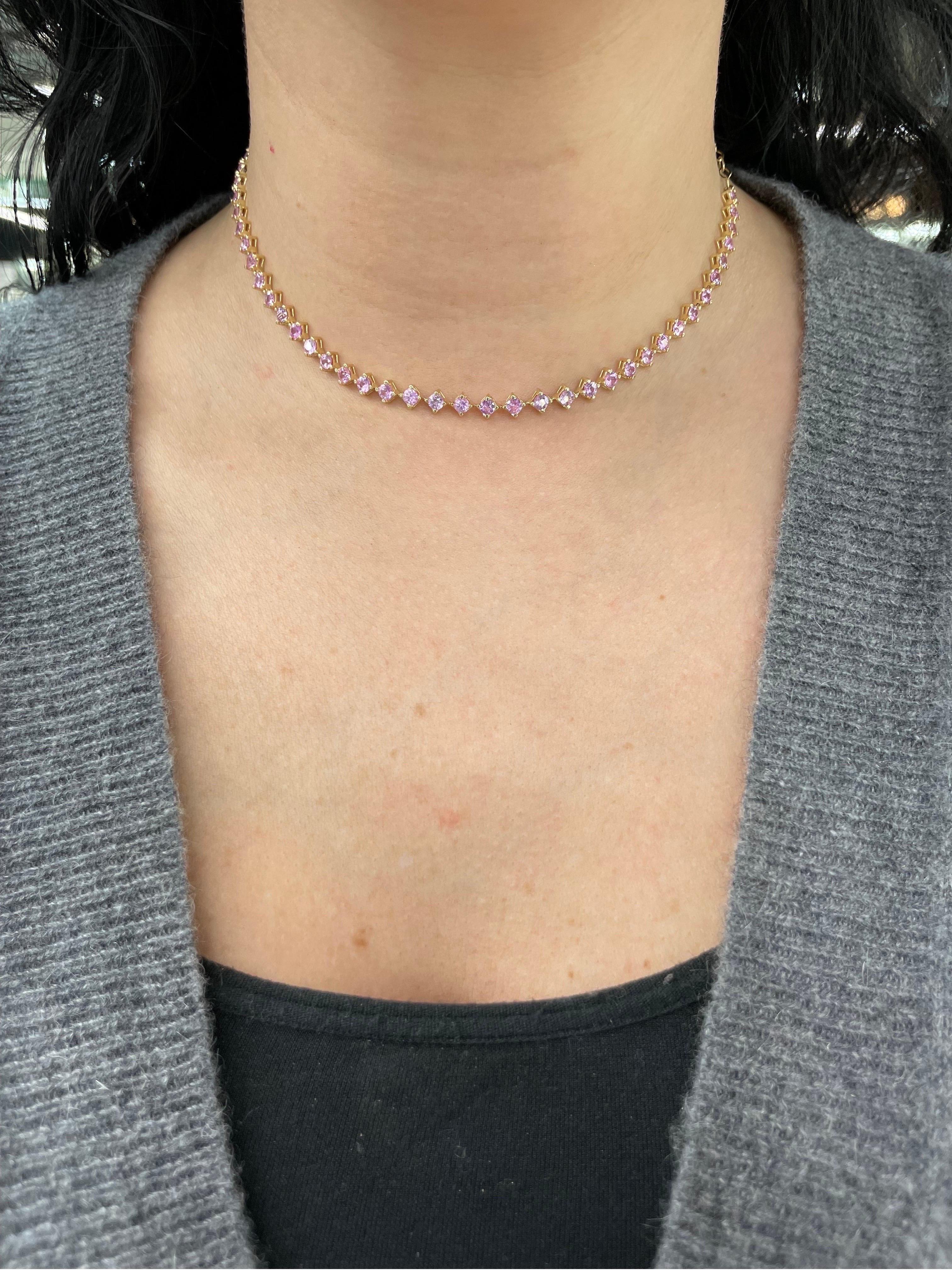 Round Cut Pink Sapphire Choker Necklace & Bracelet 5.61 Carats 14k Yellow Gold Adjustable