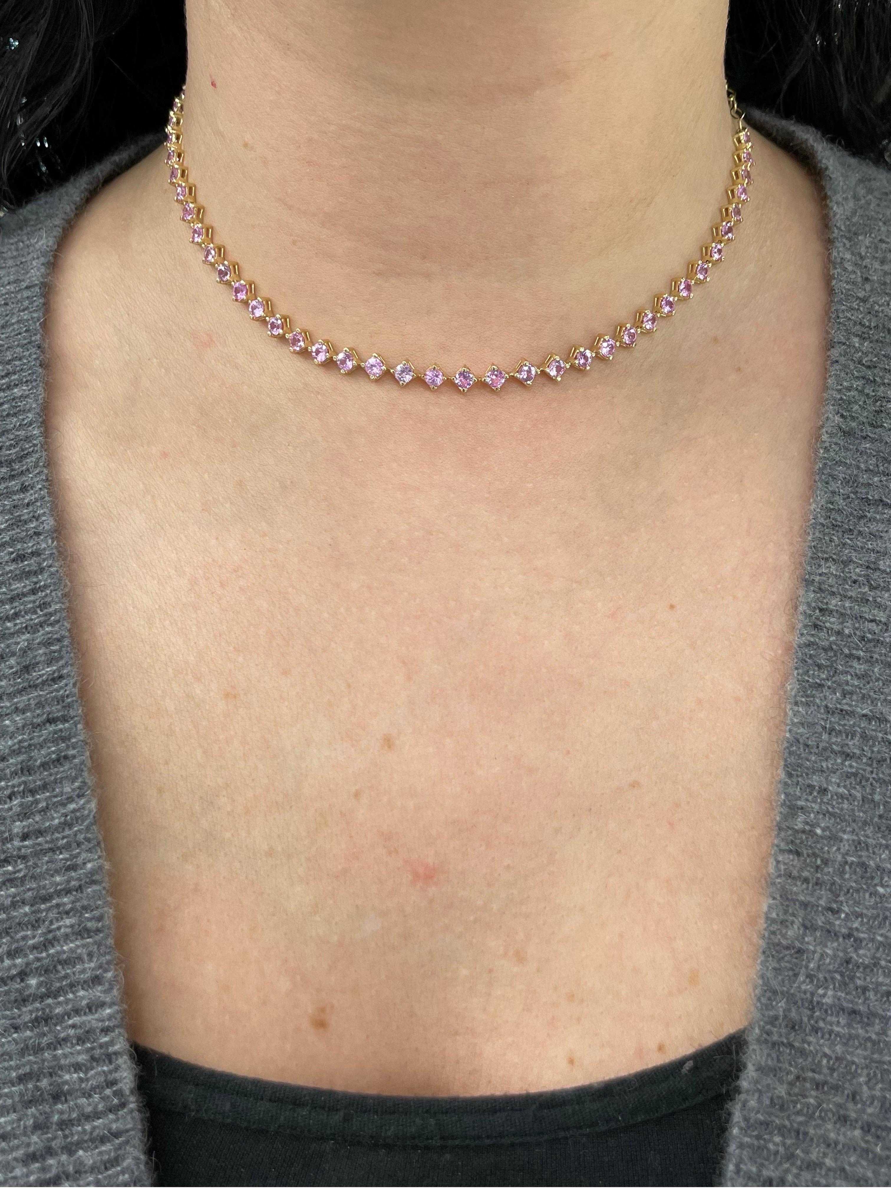 Pink Sapphire Choker Necklace & Bracelet 5.61 Carats 14k Yellow Gold Adjustable In New Condition In New York, NY