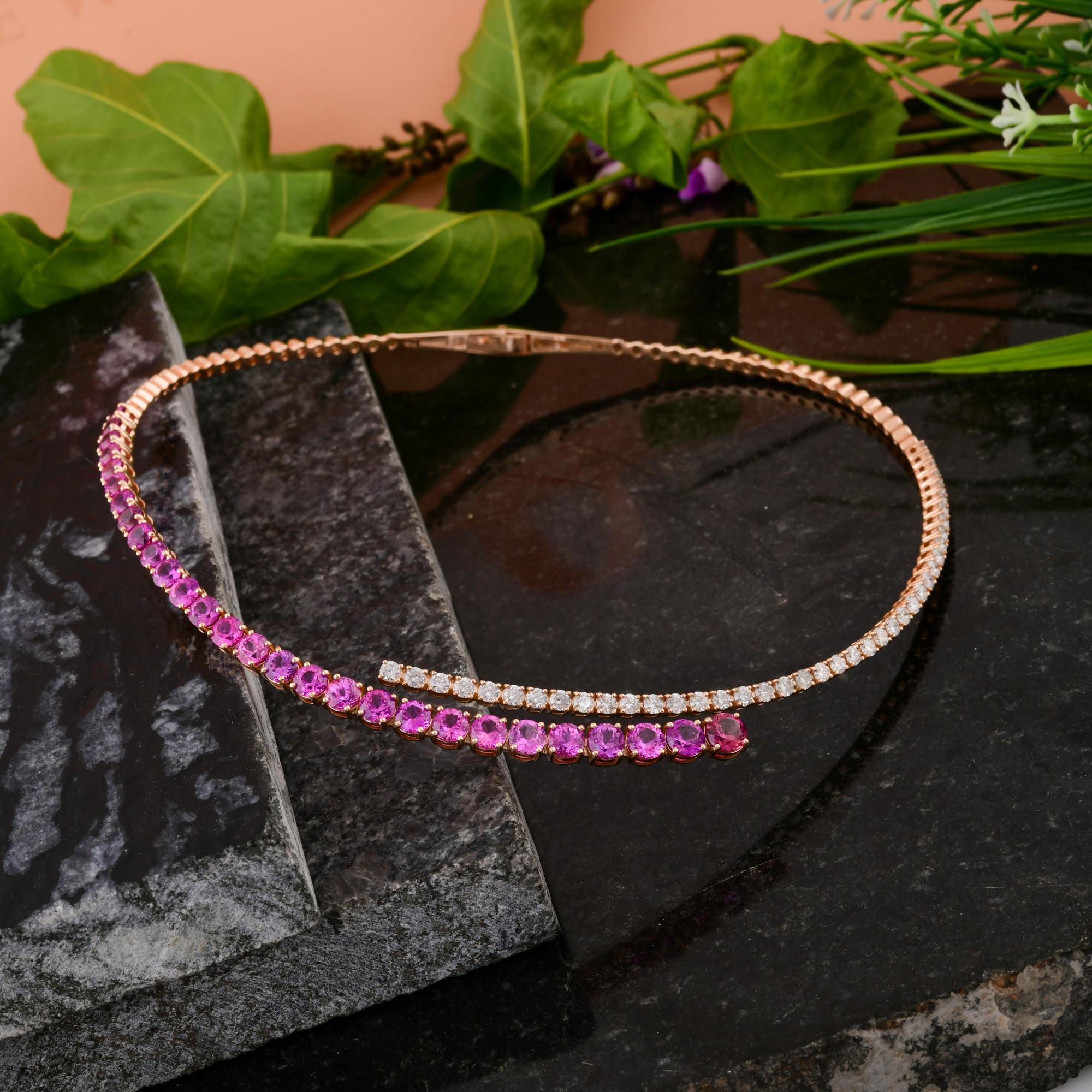 Pink Sapphire Choker SI Clarity HI Color Diamond Necklace 10 Karat Rose Gold In New Condition For Sale In Diera, Dubai