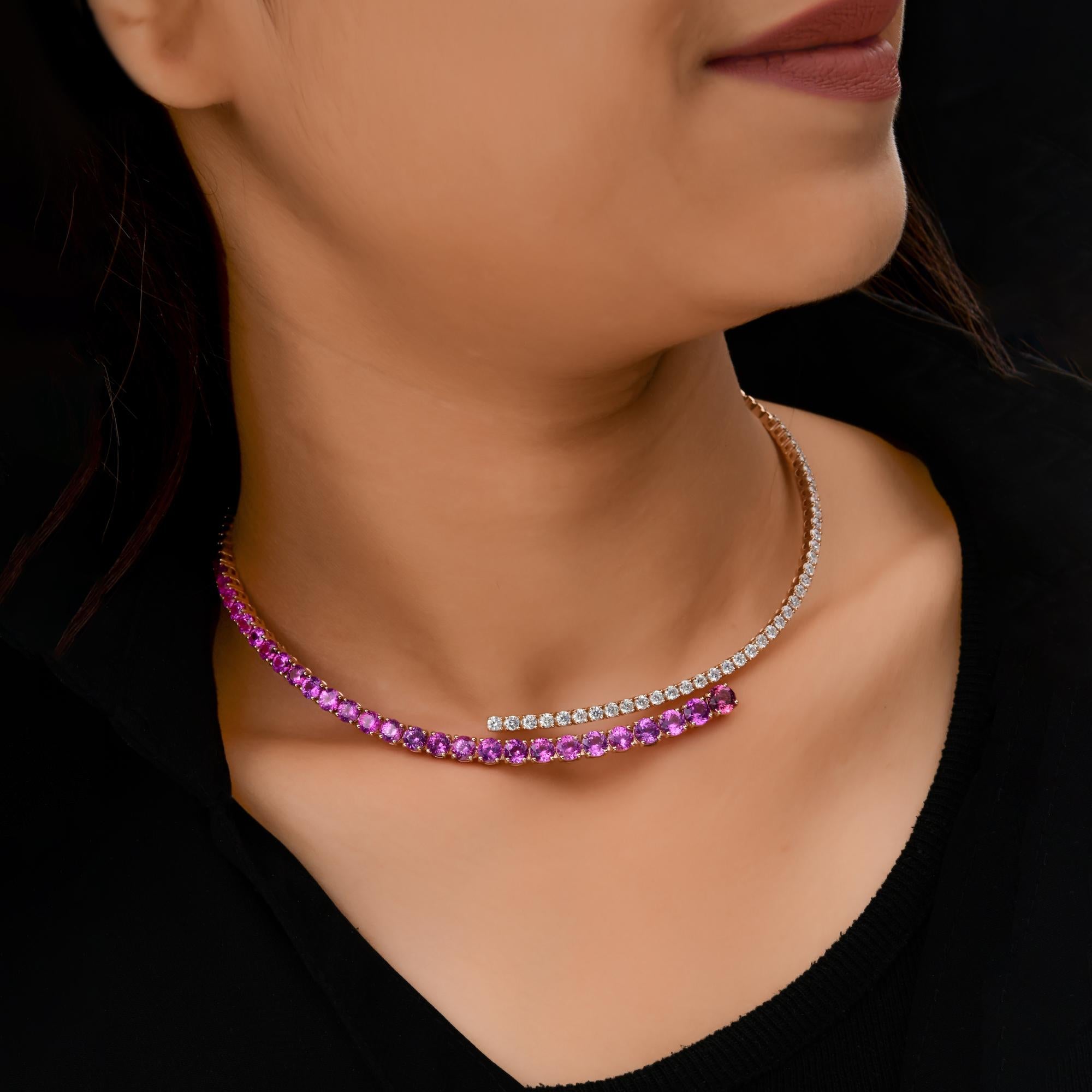 Pink Sapphire Choker SI Clarity HI Color Diamond Necklace 10 Karat Rose Gold For Sale 1