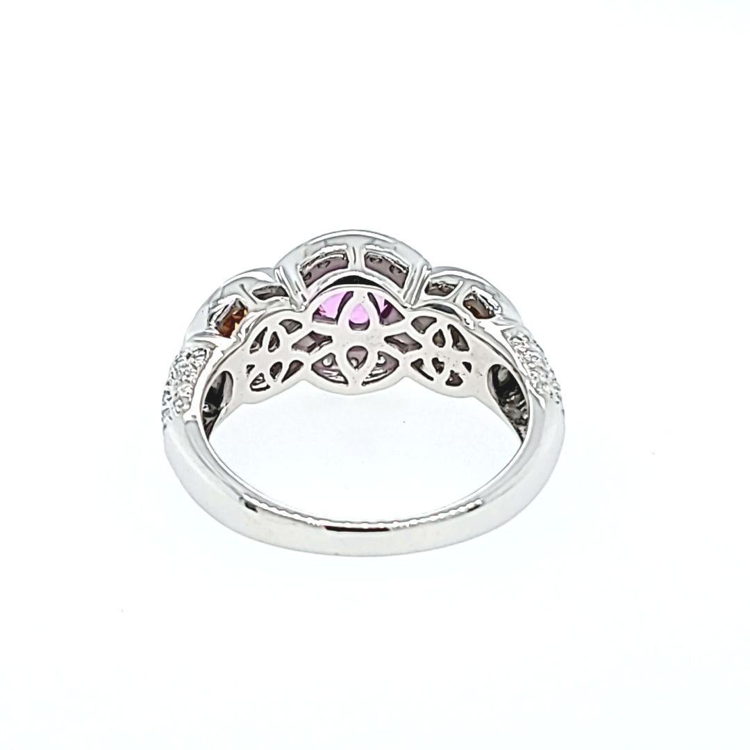 Round Cut Pink Sapphire, Citrine, and Diamond Halo Ring in White Gold For Sale