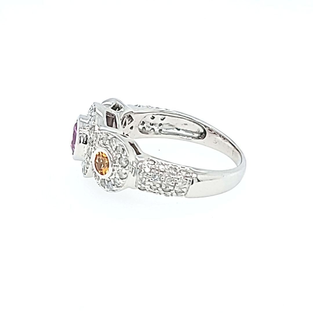 Women's Pink Sapphire, Citrine, and Diamond Halo Ring in White Gold For Sale