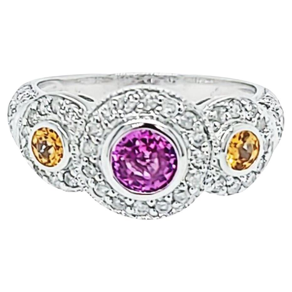 Pink Sapphire, Citrine, and Diamond Halo Ring in White Gold For Sale