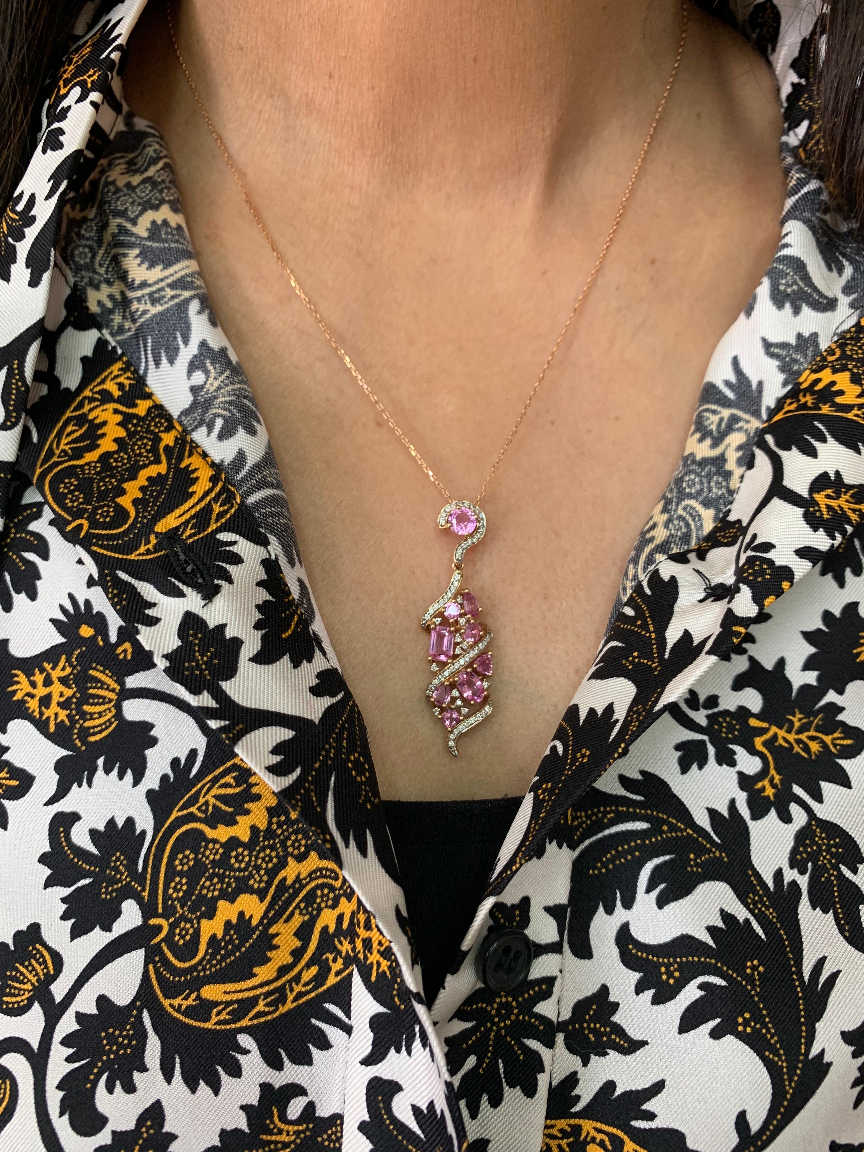 Sunita Nahata presents an exclusive collection of pink sapphire pendants. With a mix of floral designs and cluster setting these pieces are accented with diamonds to present a unique array of pendants.

Designer pink sapphire pendant necklace in 18K