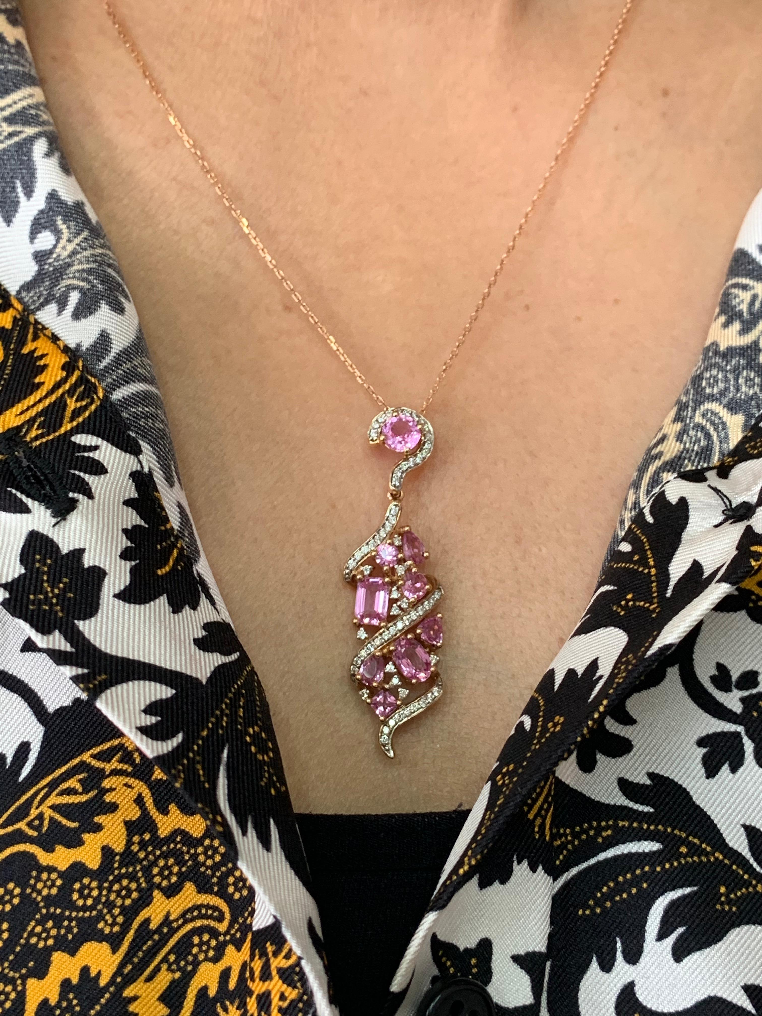 Contemporary Pink Sapphire Cluster Pendant Necklace with Diamond in 18 Karat Rose Gold