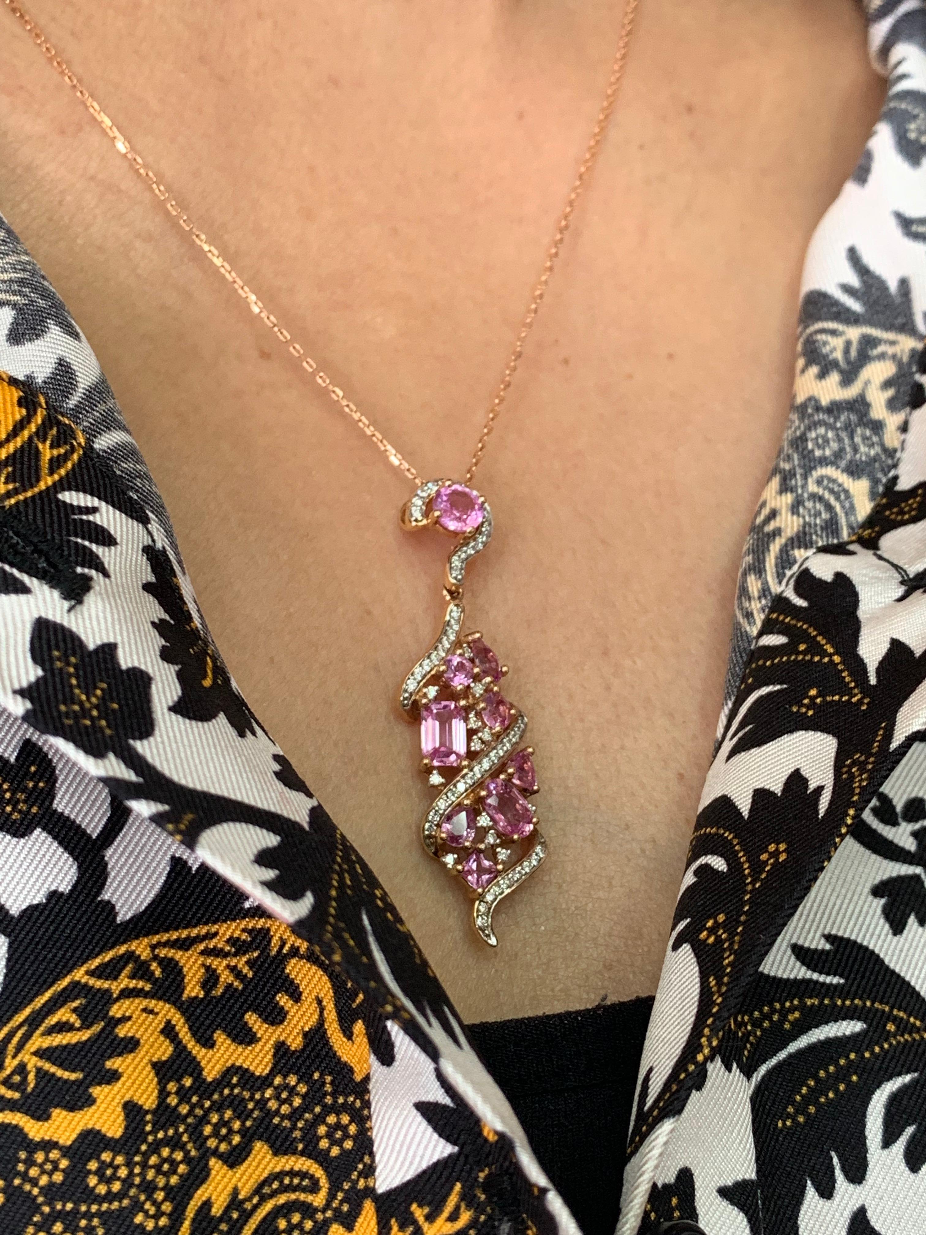 Mixed Cut Pink Sapphire Cluster Pendant Necklace with Diamond in 18 Karat Rose Gold