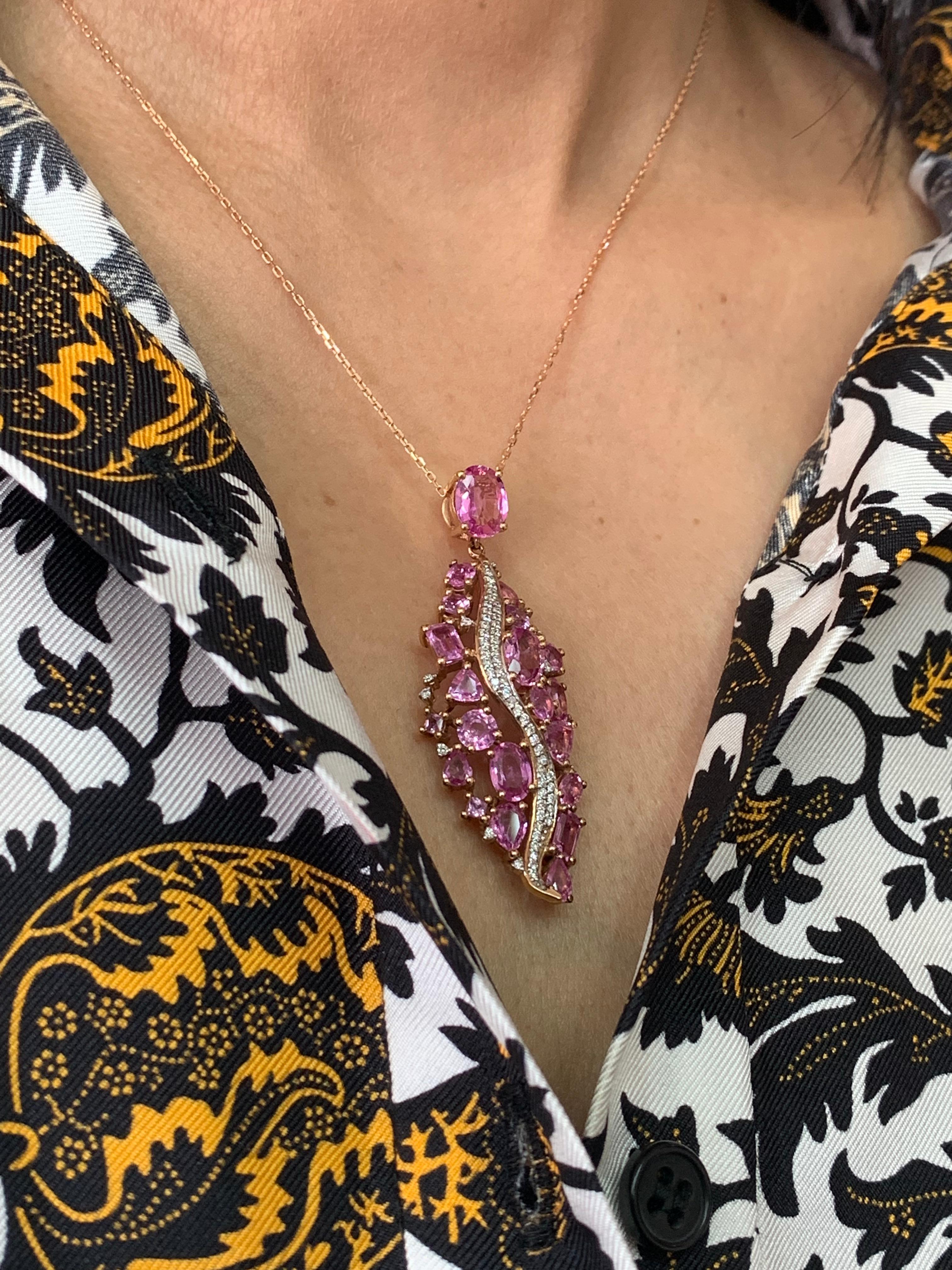 Mixed Cut Pink Sapphire Cluster Pendant Necklace with Diamond in 18 Karat Rose Gold