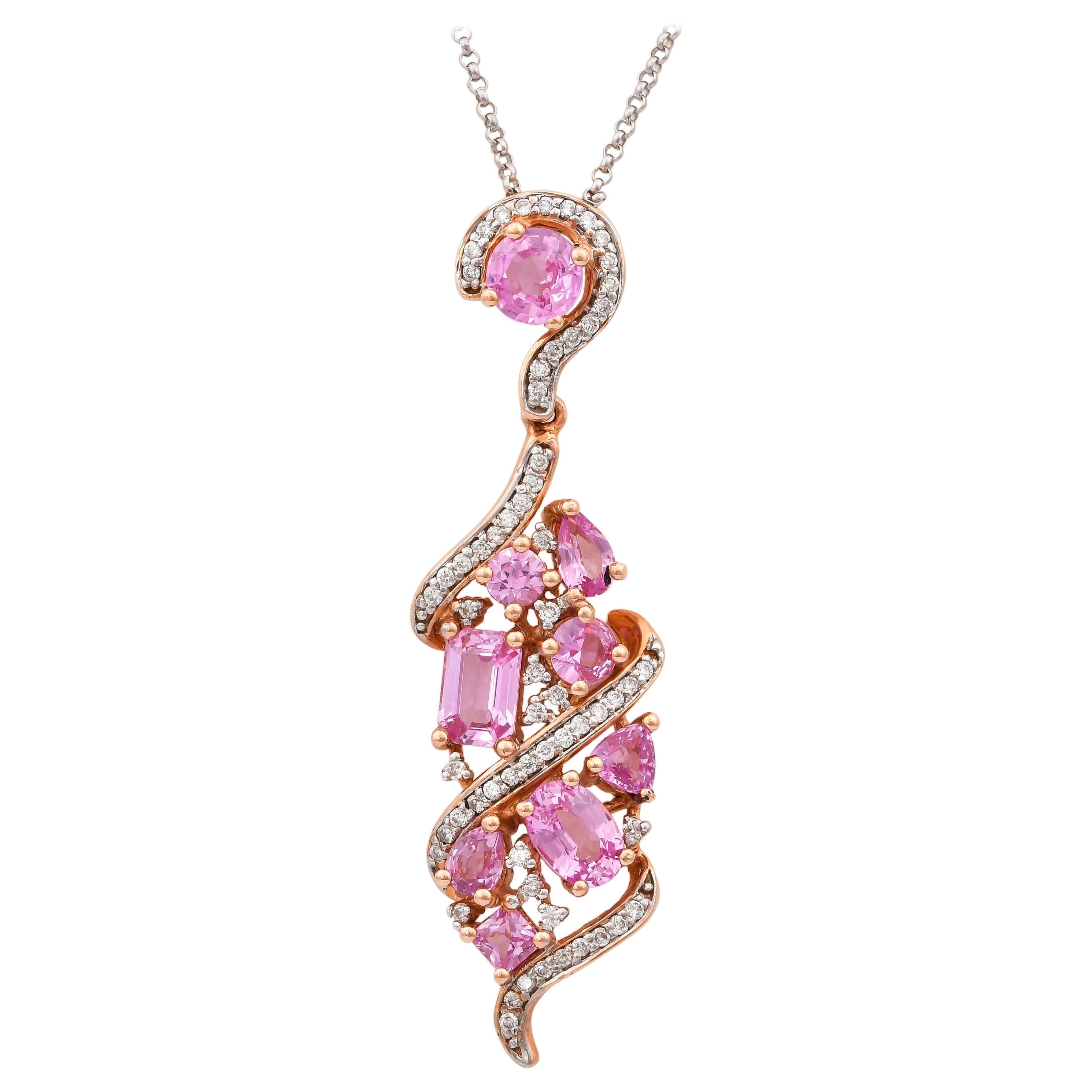 Pink Sapphire Cluster Pendant Necklace with Diamond in 18 Karat Rose Gold