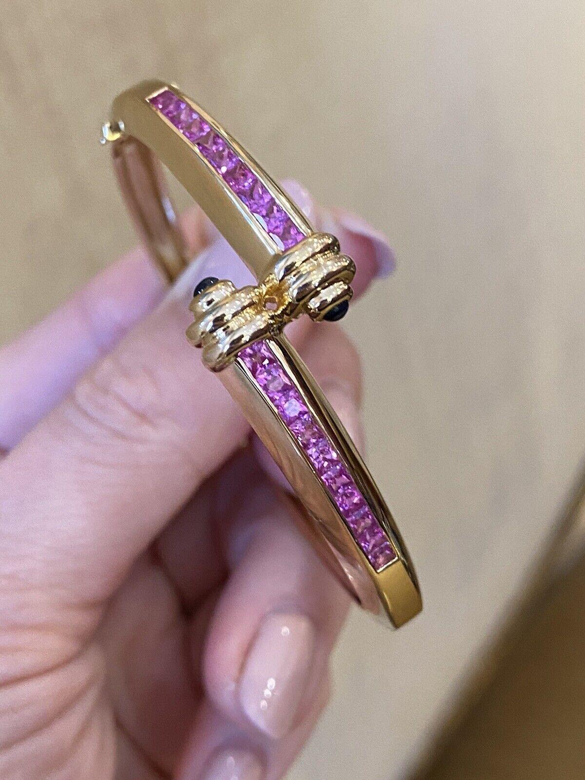 Square Cut Pink Sapphire Crossover Bangle Bracelet in 18k Yellow Gold For Sale
