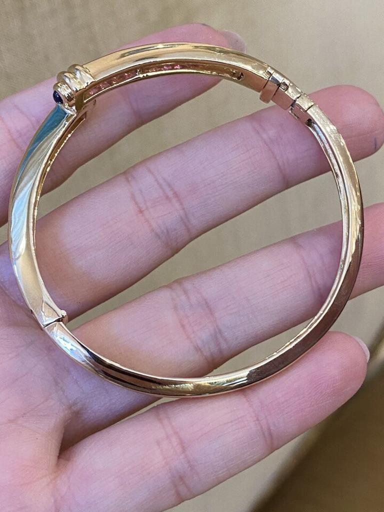 Pink Sapphire Crossover Bangle Bracelet in 18k Yellow Gold For Sale 1