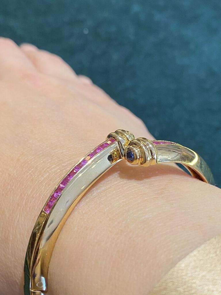 Pink Sapphire Crossover Bangle Bracelet in 18k Yellow Gold For Sale 4