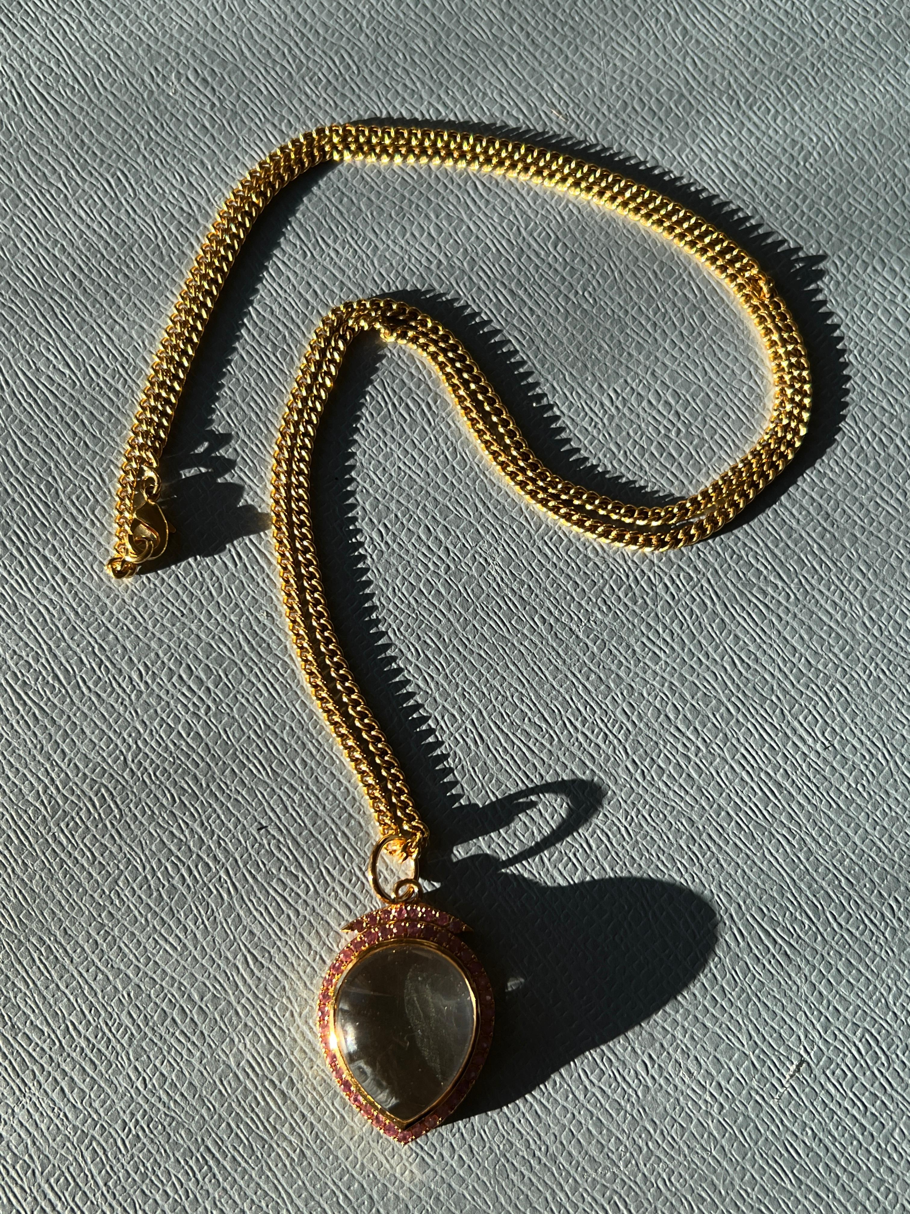 Pink Sapphire Crystal Heart Necklace Victorian Style In New Condition For Sale In Los Angeles, CA
