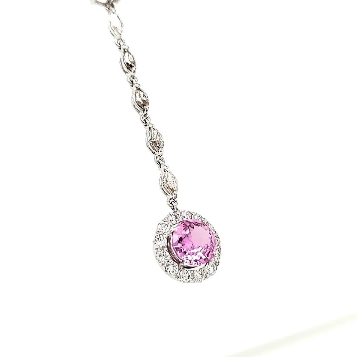 Contemporary Pink Sapphire Cts 2.44 and Marquise Diamond Cts 0.42 Drop Pendant Necklace For Sale
